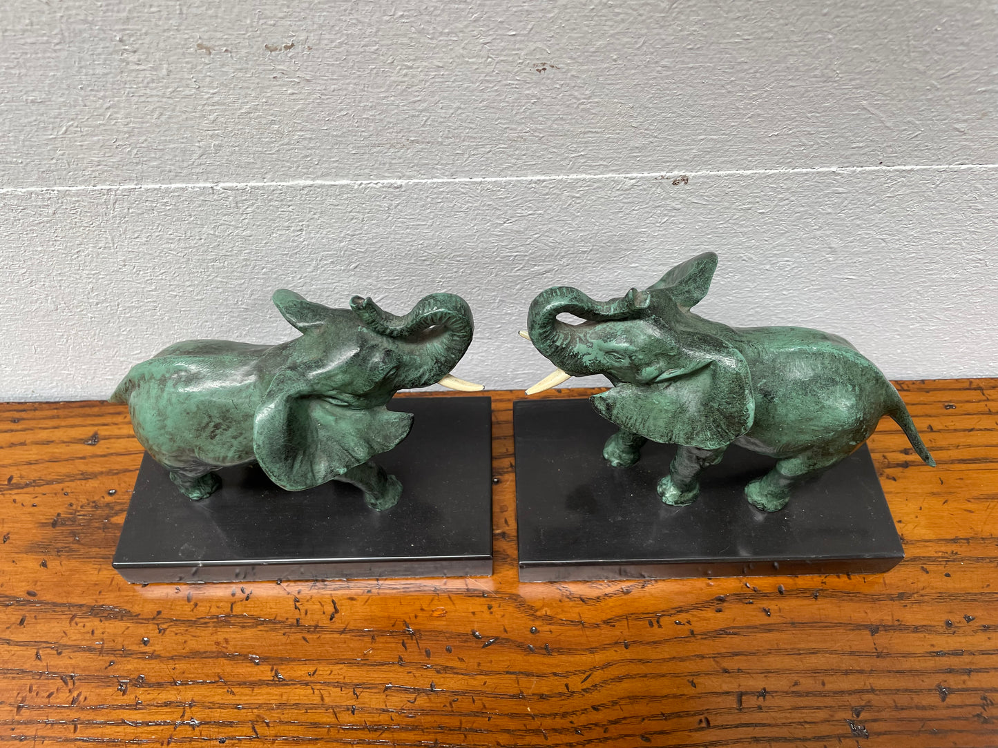 Pair French Art Deco Elephant Sculptures On Marble Base