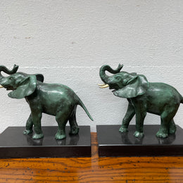 Pair French Art Deco Elephant Sculptures On Marble Base