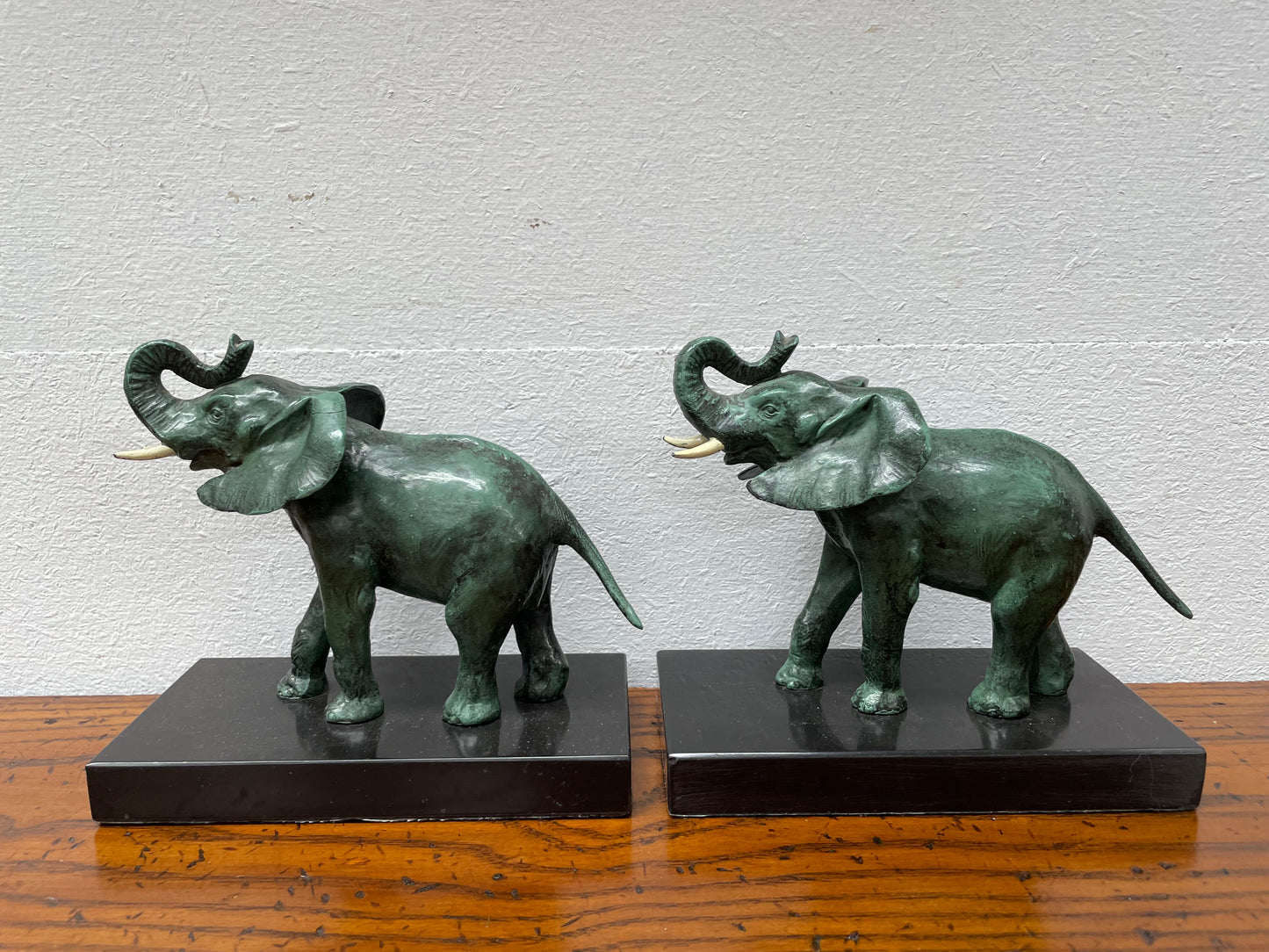 Pair French Art Deco Elephant Sculptures On Marble Base