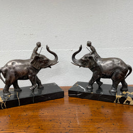 Pair French Art Deco Elephant & Rider On Marble Base