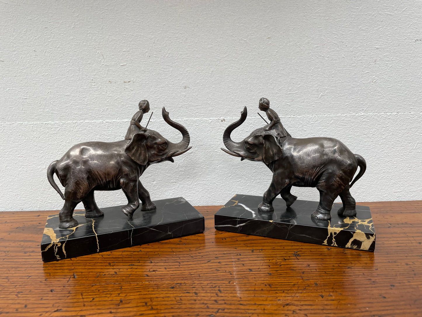 Pair French Art Deco Elephant & Rider On Marble Base