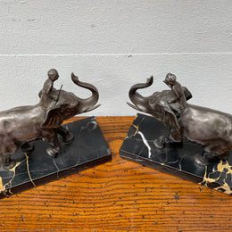 Pair French Art Deco Elephant & Rider On Marble Base