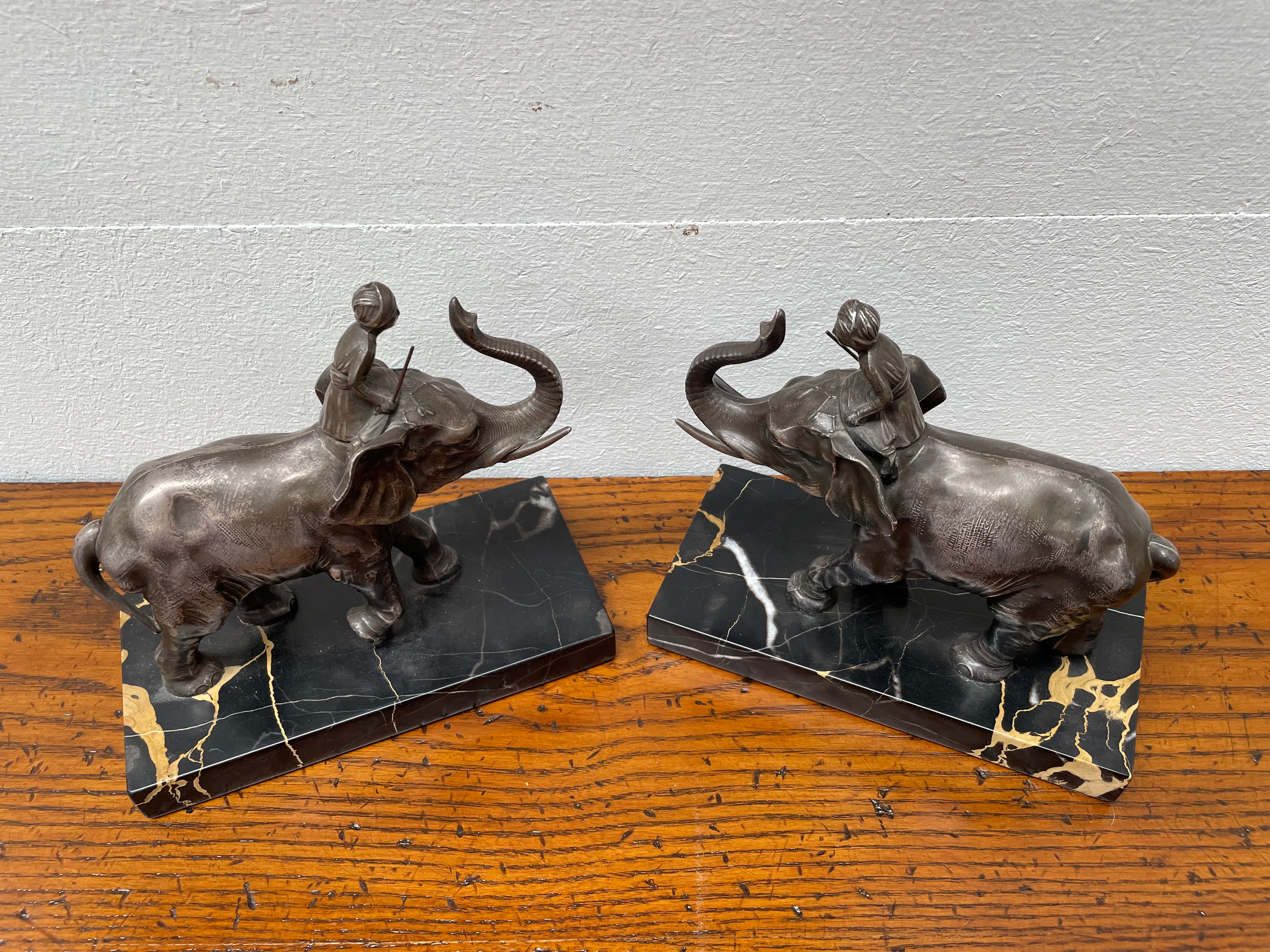 Pair French Art Deco Elephant & Rider On Marble Base | Antique & Vintage | Moonee Ponds Antiques | Australia Wide Delivery
