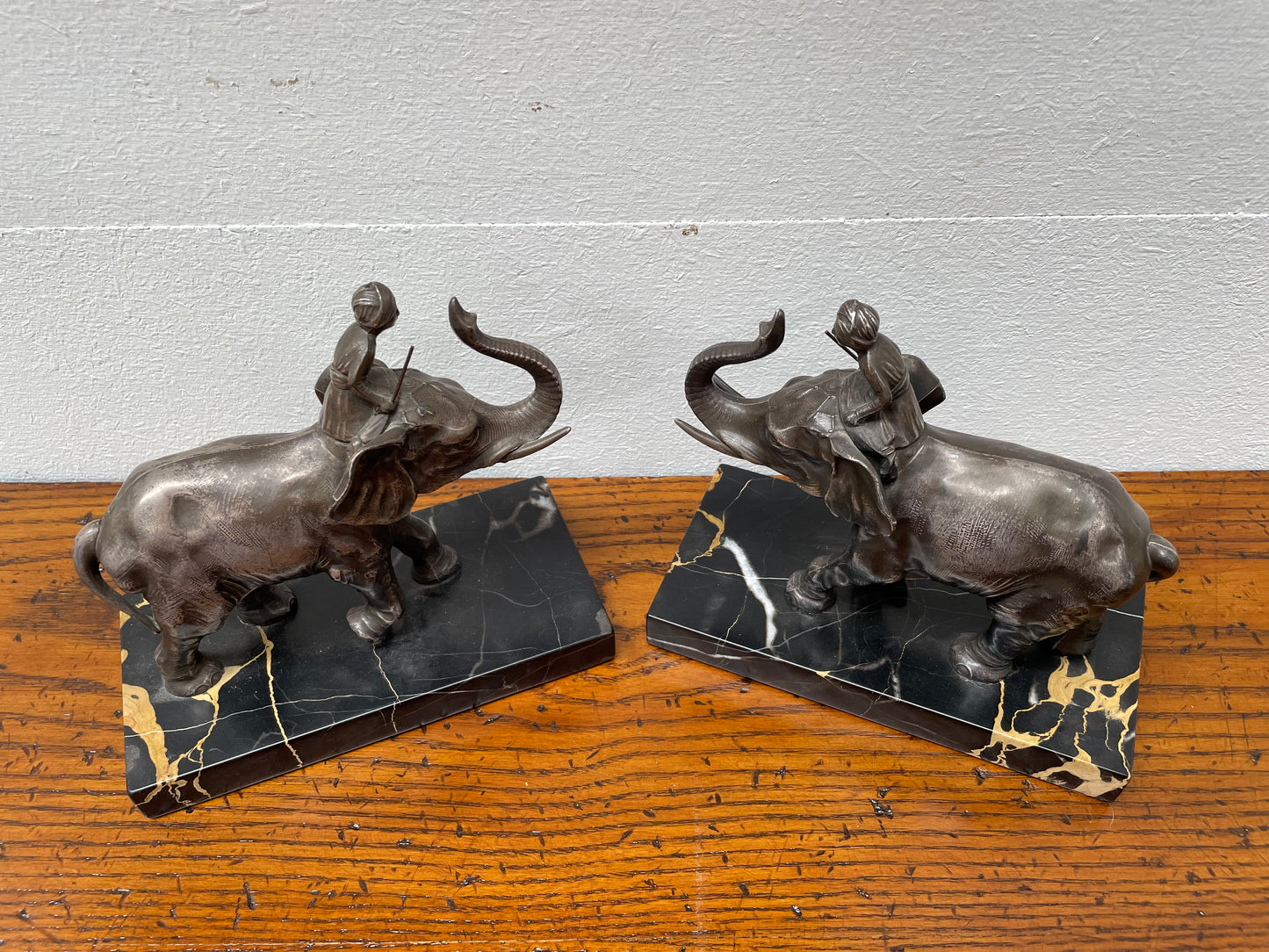 Pair French Art Deco Elephant & Rider On Marble Base