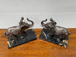 Pair French Art Deco Elephant & Rider On Marble Base | Antique & Vintage | Moonee Ponds Antiques | Australia Wide Delivery