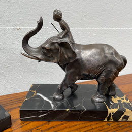 Pair French Art Deco Elephant & Rider On Marble Base