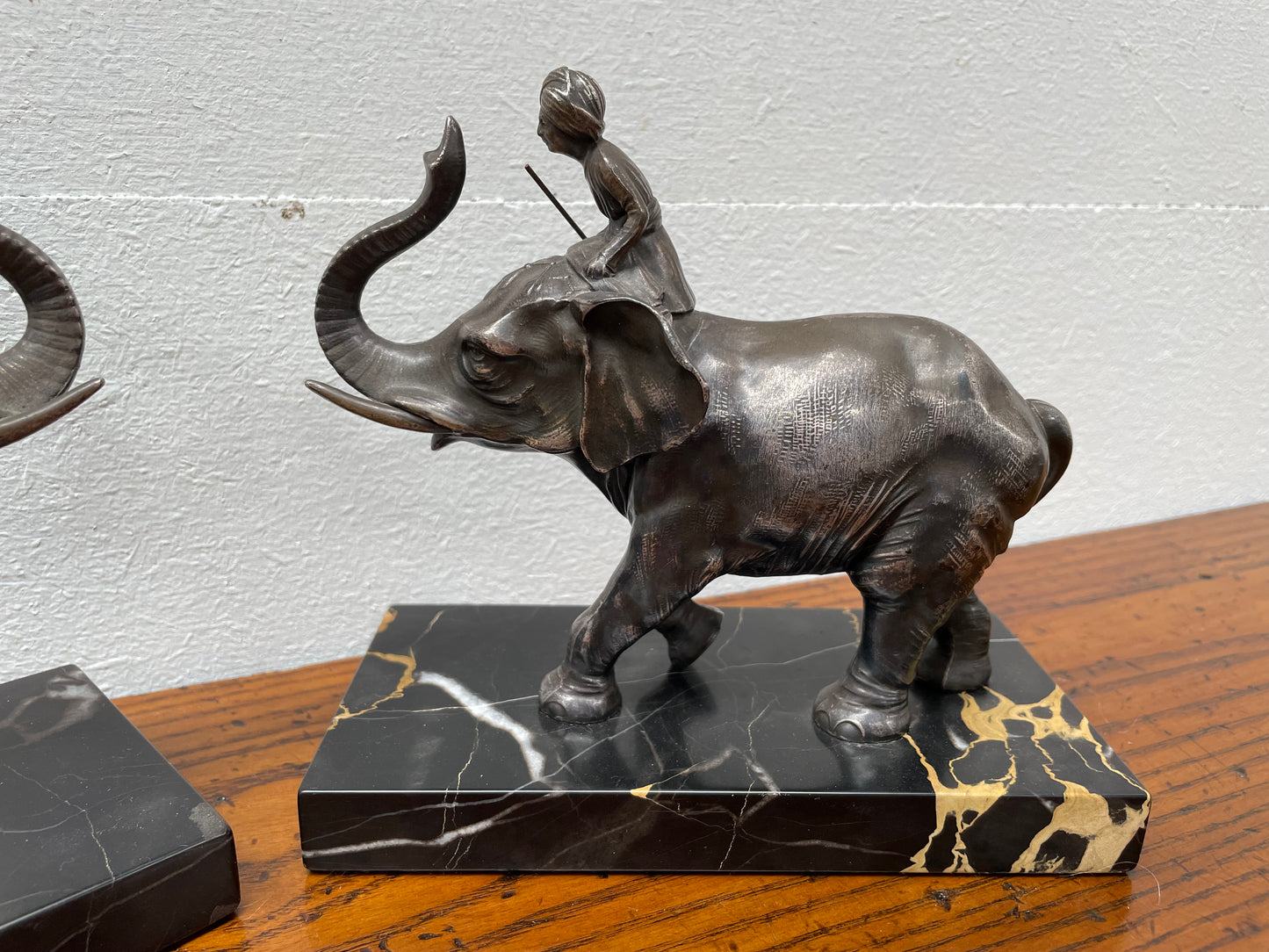 Pair French Art Deco Elephant & Rider On Marble Base