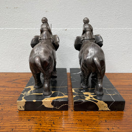 Pair French Art Deco Elephant & Rider On Marble Base