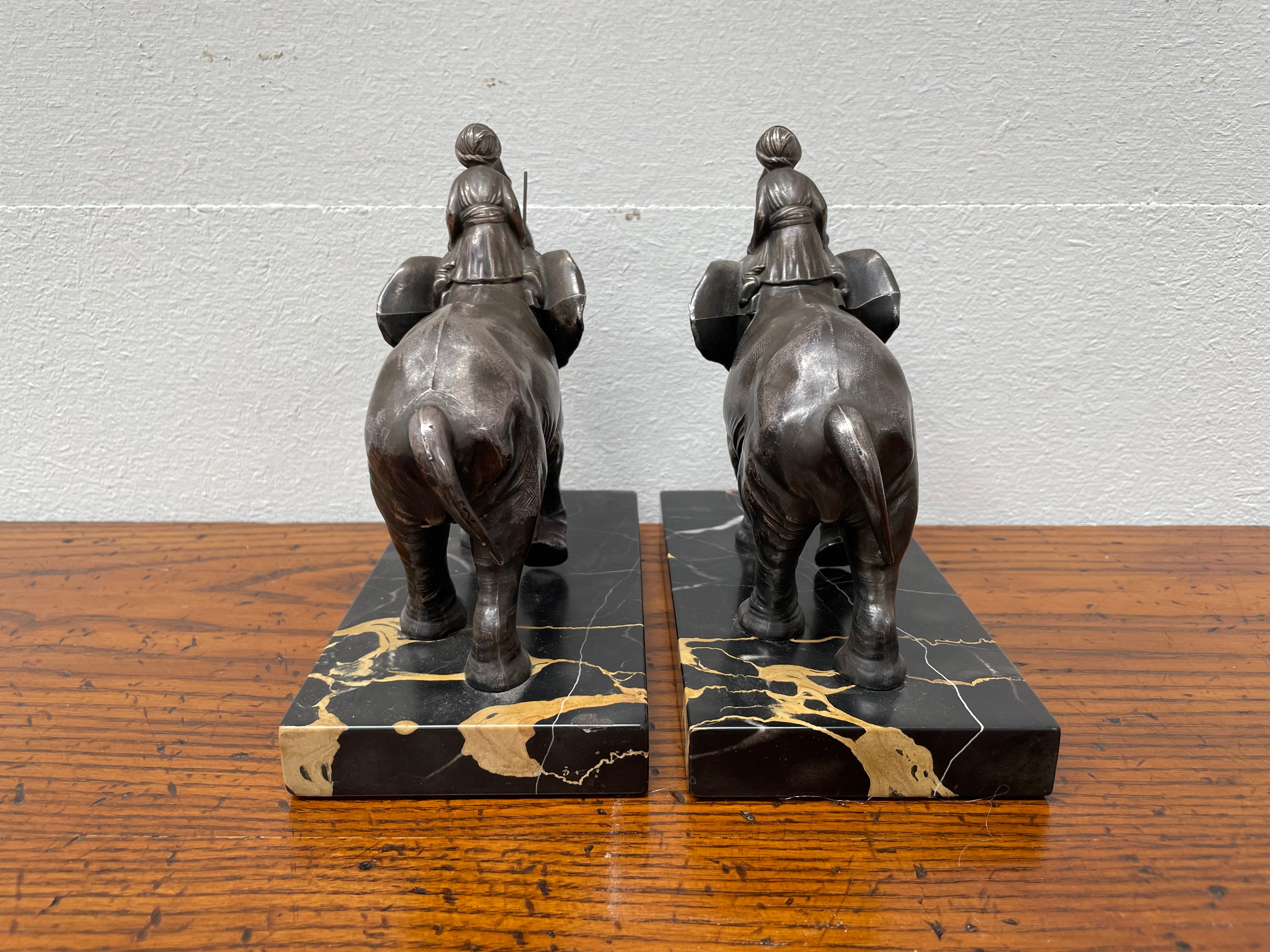 Pair French Art Deco Elephant & Rider On Marble Base | Antique & Vintage | Moonee Ponds Antiques | Australia Wide Delivery