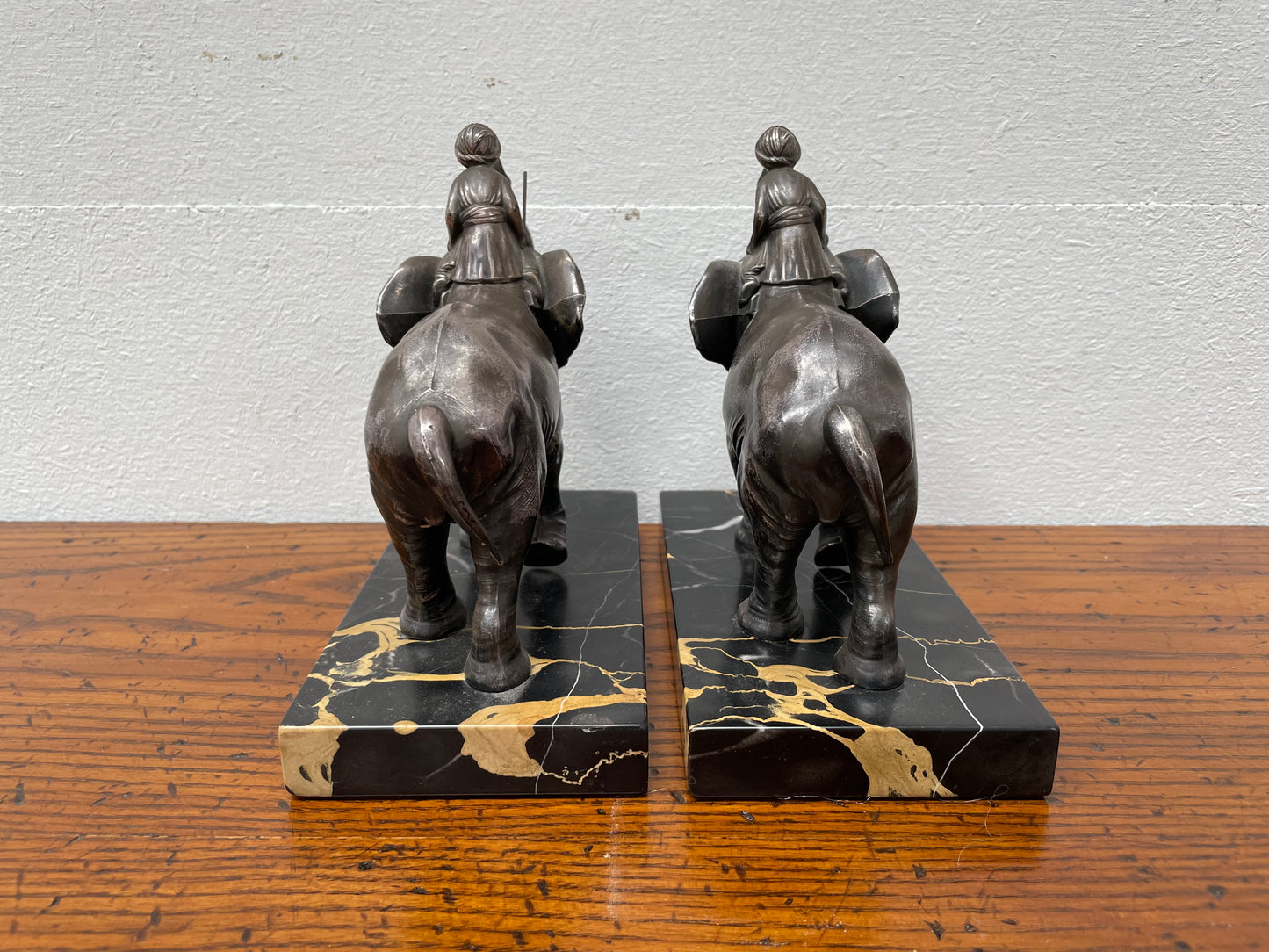 Pair French Art Deco Elephant & Rider On Marble Base