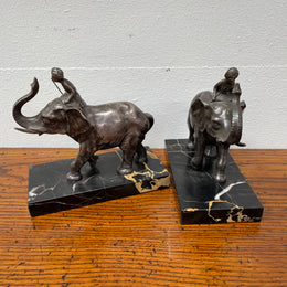 Pair French Art Deco Elephant & Rider On Marble Base