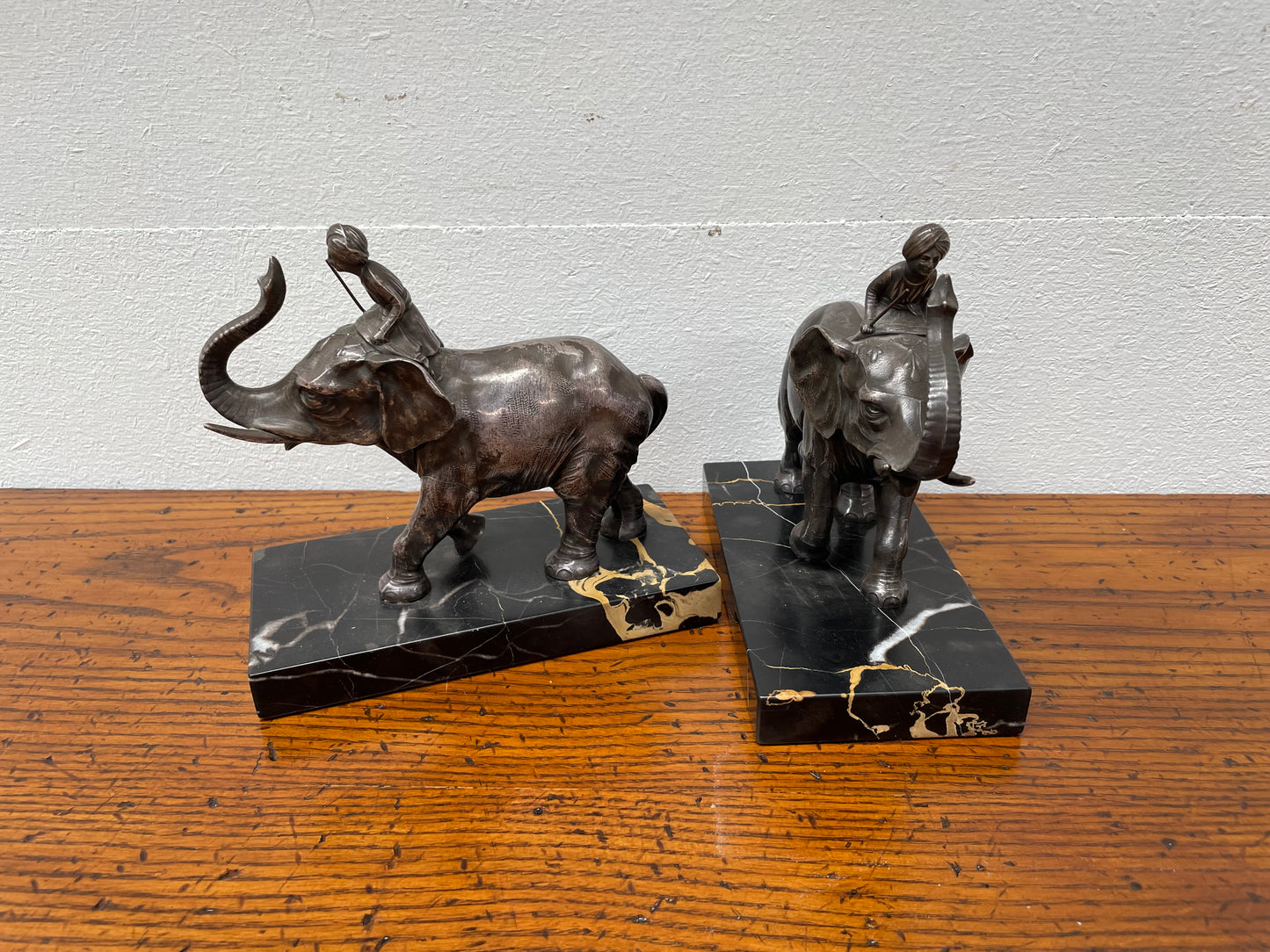 Pair French Art Deco Elephant & Rider On Marble Base