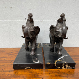 Pair French Art Deco Elephant & Rider On Marble Base