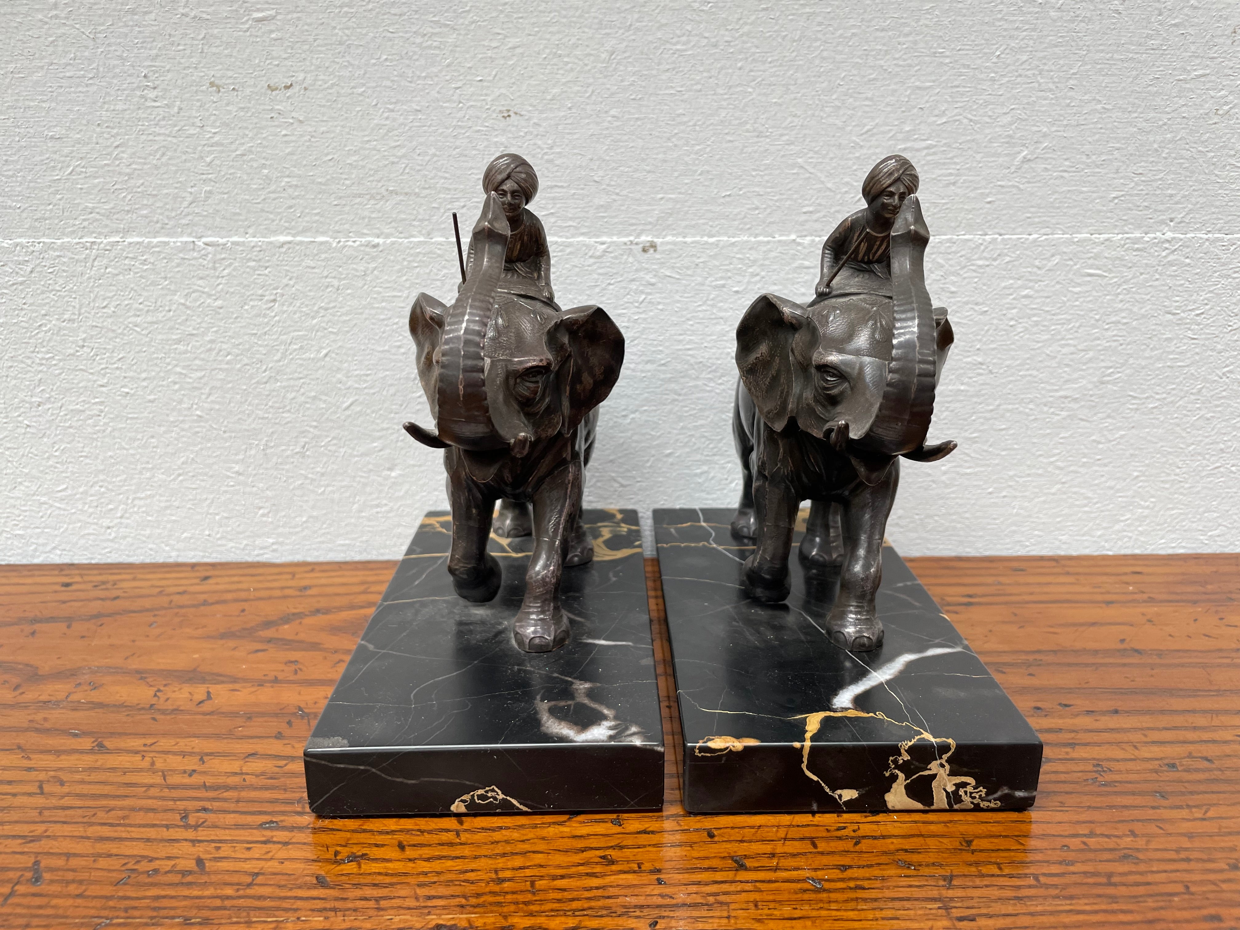 Pair French Art Deco Elephant & Rider On Marble Base