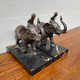 Pair French Art Deco Elephant & Rider On Marble Base