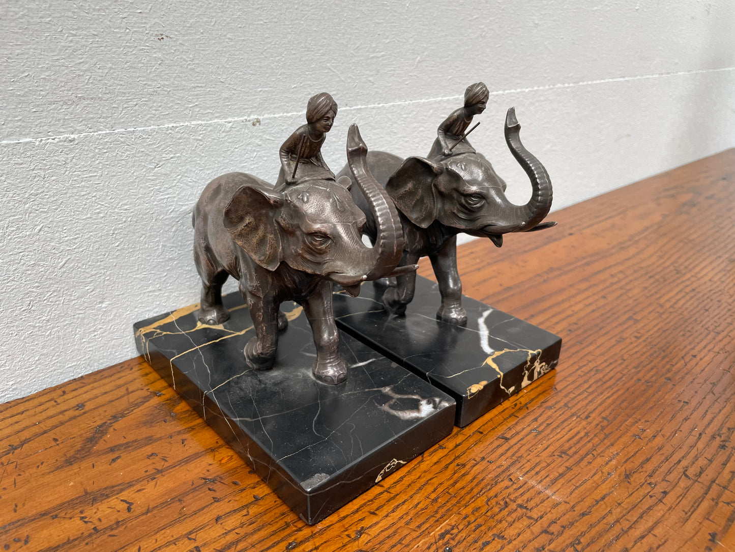 Pair French Art Deco Elephant & Rider On Marble Base