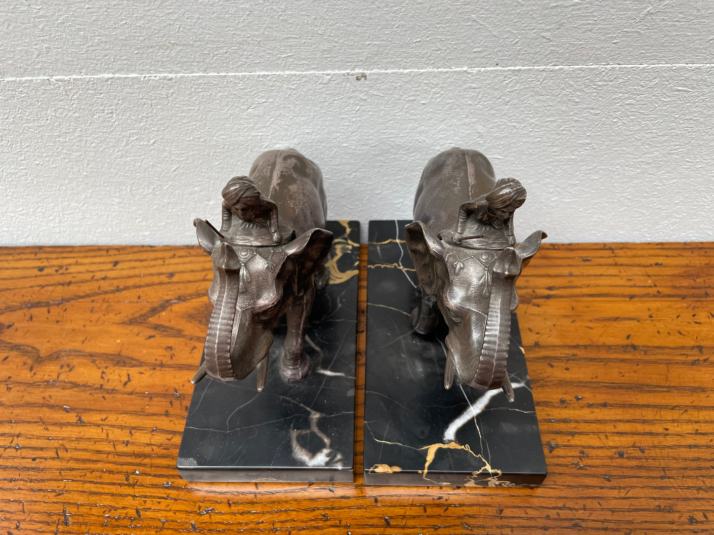 Pair French Art Deco Elephant & Rider On Marble Base