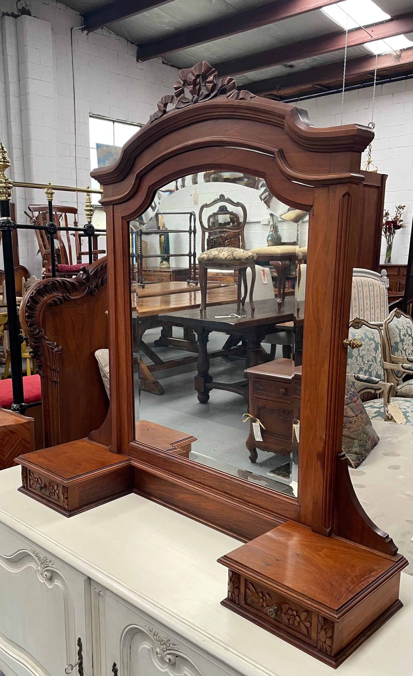 French Louis XVI Style Walnut Mirror & Drawers