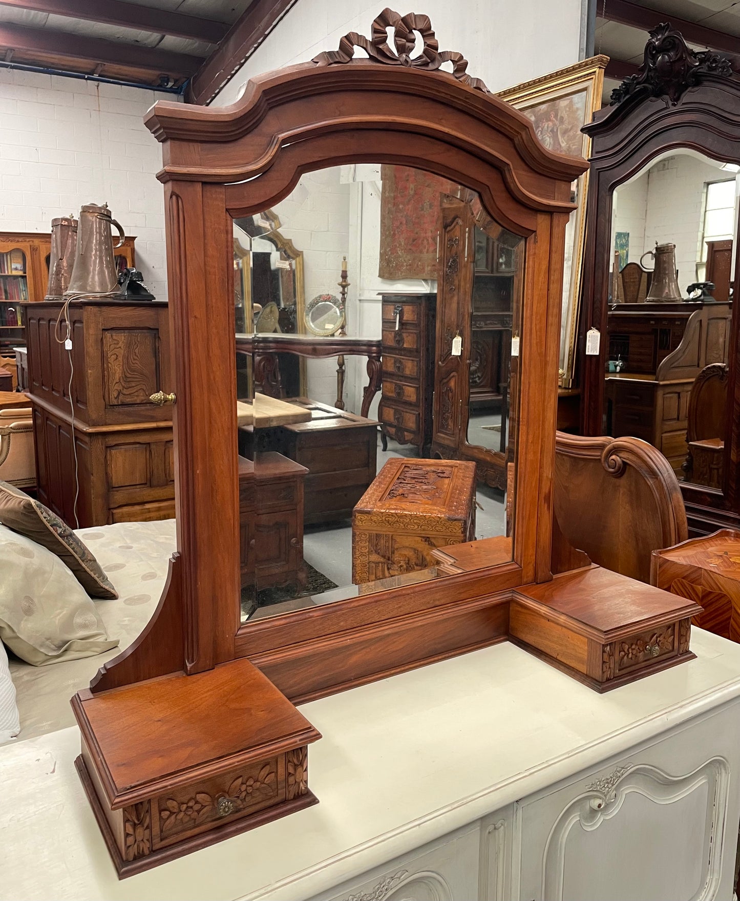 French Louis XVI Style Walnut Mirror & Drawers