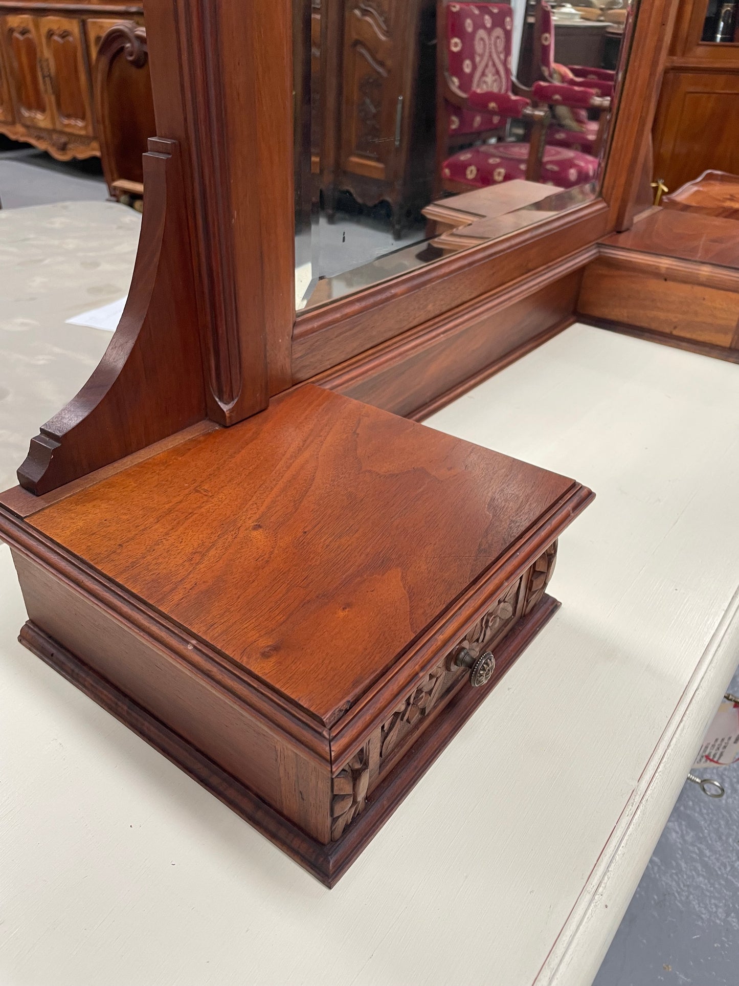 French Louis XVI Style Walnut Mirror & Drawers