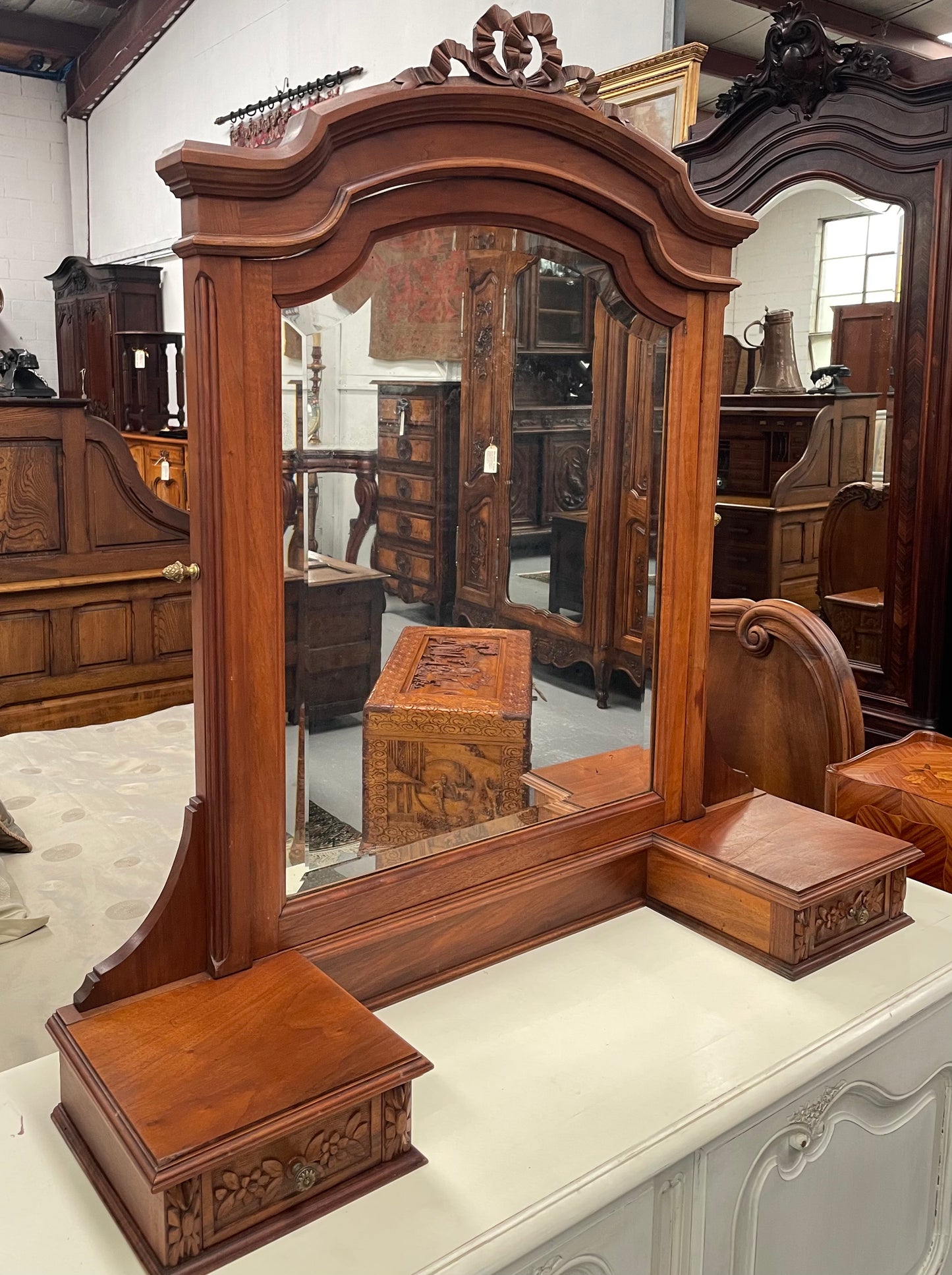 French Louis XVI Style Walnut Mirror & Drawers