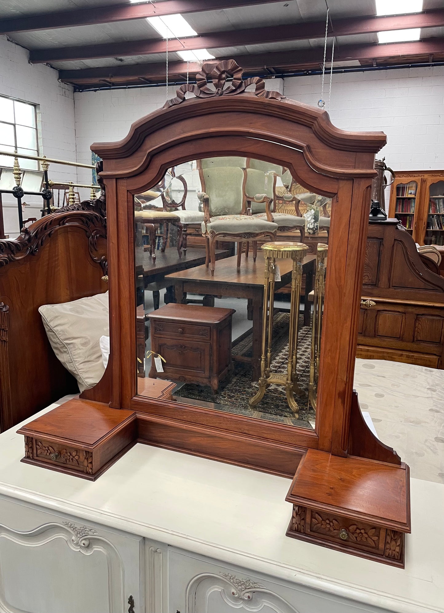 French Louis XVI Style Walnut Mirror & Drawers