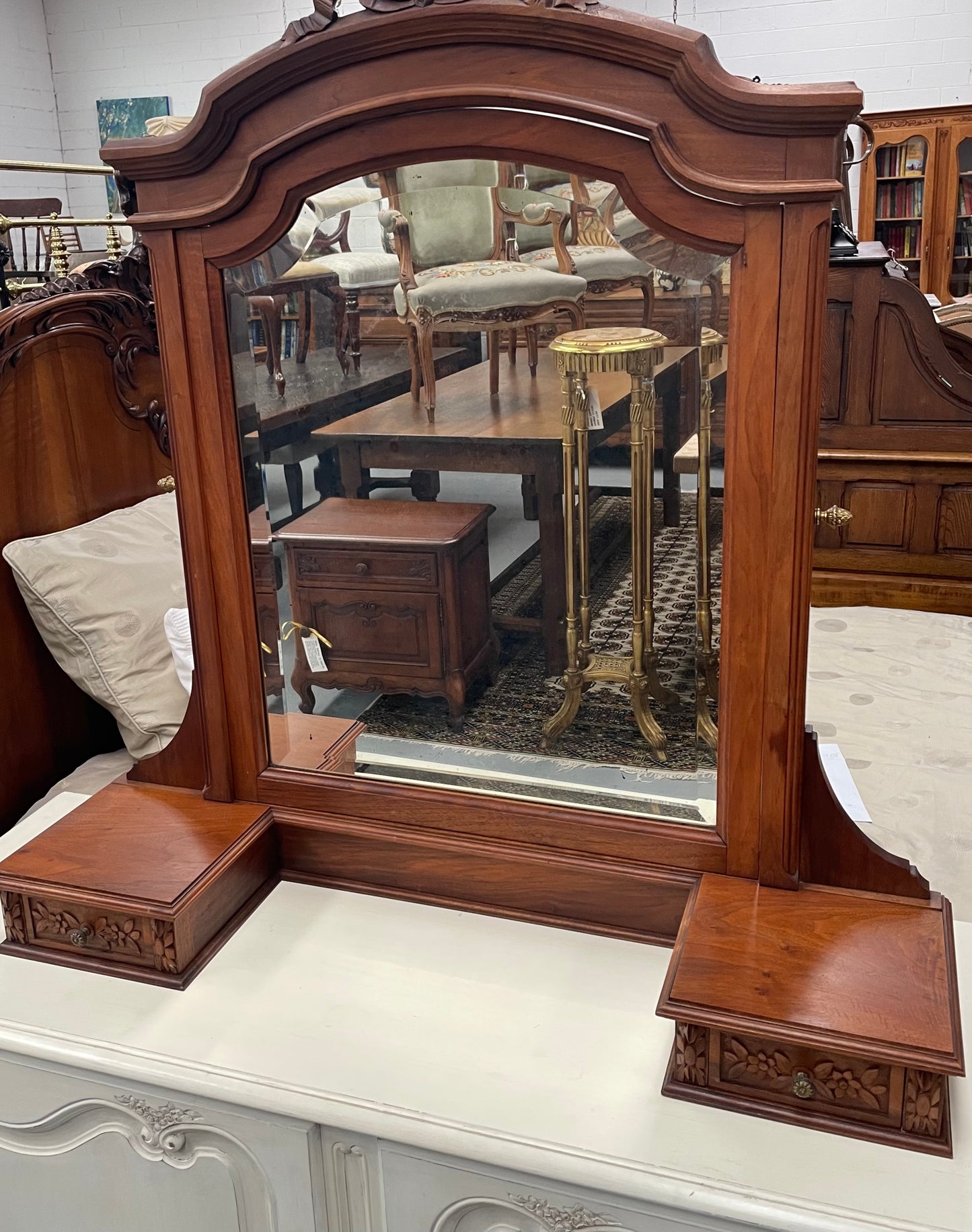 French Louis XVI Style Walnut Mirror & Drawers