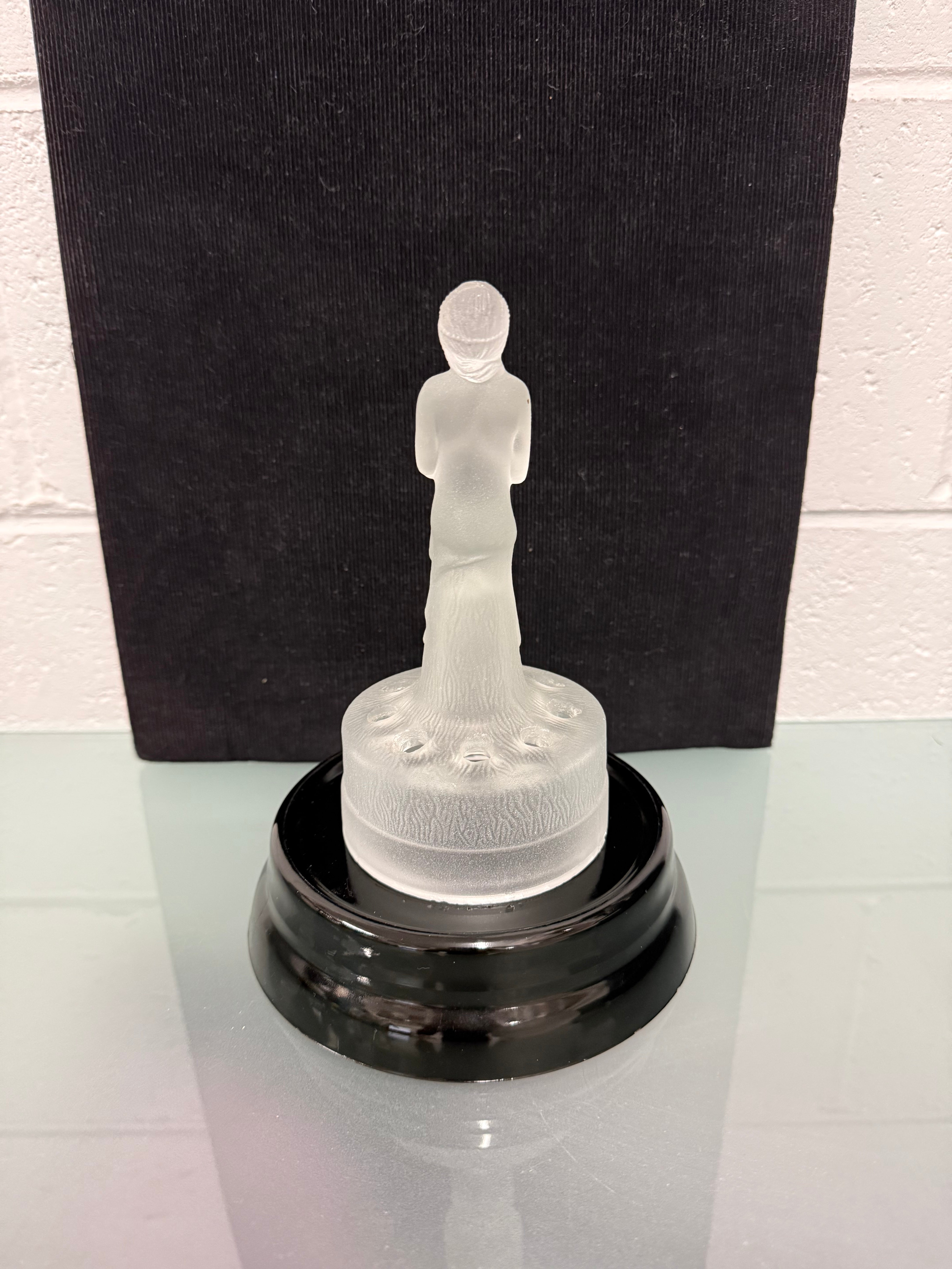 Art Deco Frosted Float Vase With Standing Lady On Black Base | Antique & Vintage | Moonee Ponds Antiques | Australia Wide Delivery