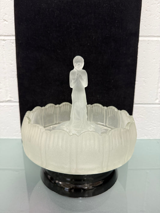 Art Deco Frosted Float Vase With Standing Lady On Black Base