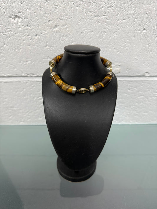 Vintage Natural Tiger Eye & Gilt Chinese Symbols Bracelet