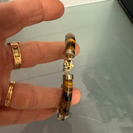 Vintage Natural Tiger Eye & Gilt Chinese Symbols Bracelet