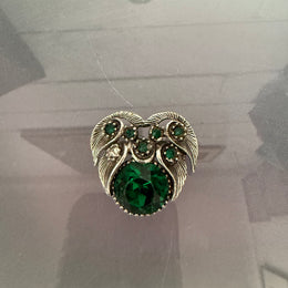 Vintage White Metal & Green Glass Brooch