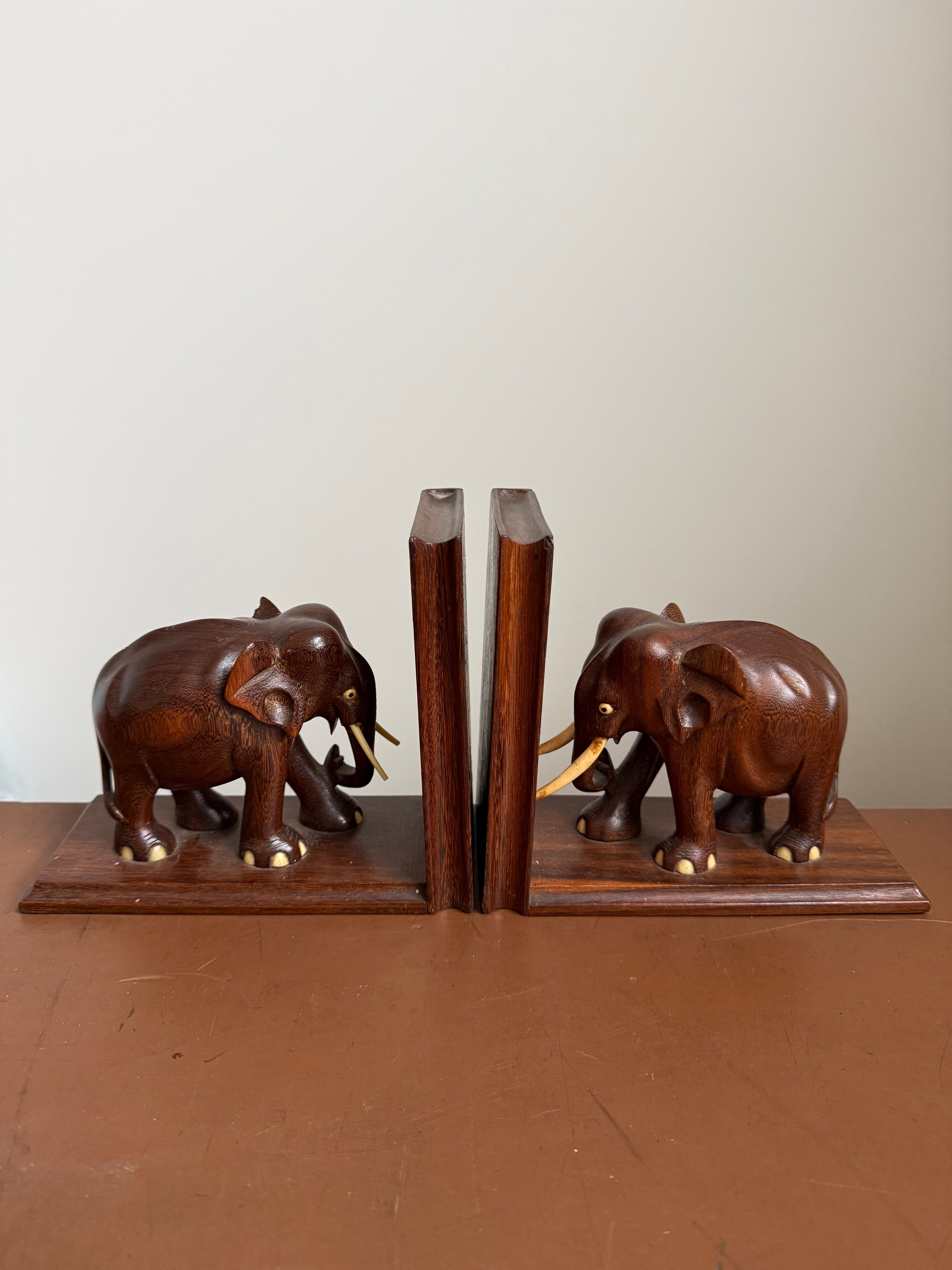 Pair Of Vintage Hand Carved Mahogany Elephant Bookends