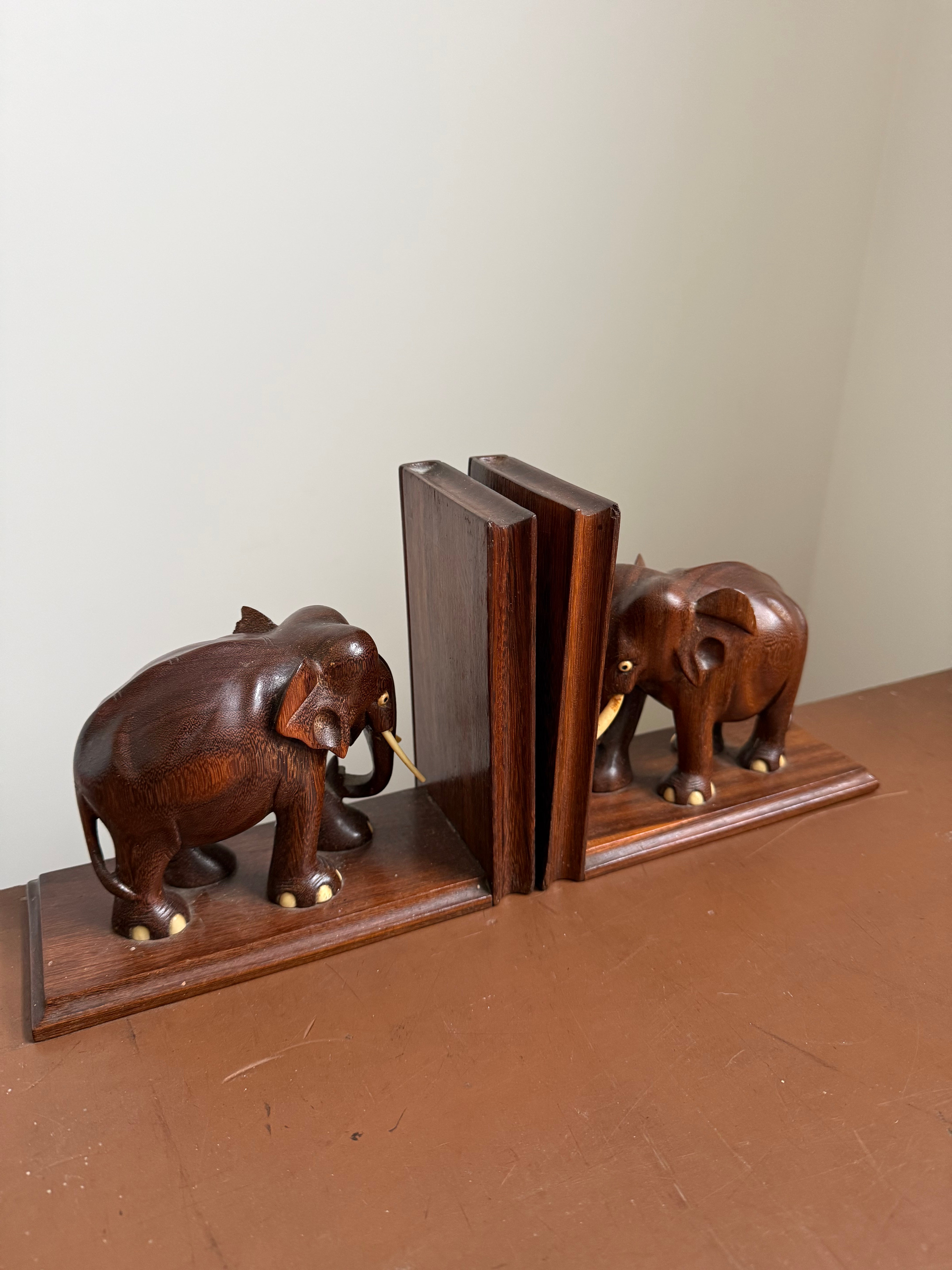 Pair Of Vintage Hand Carved Mahogany Elephant Bookends