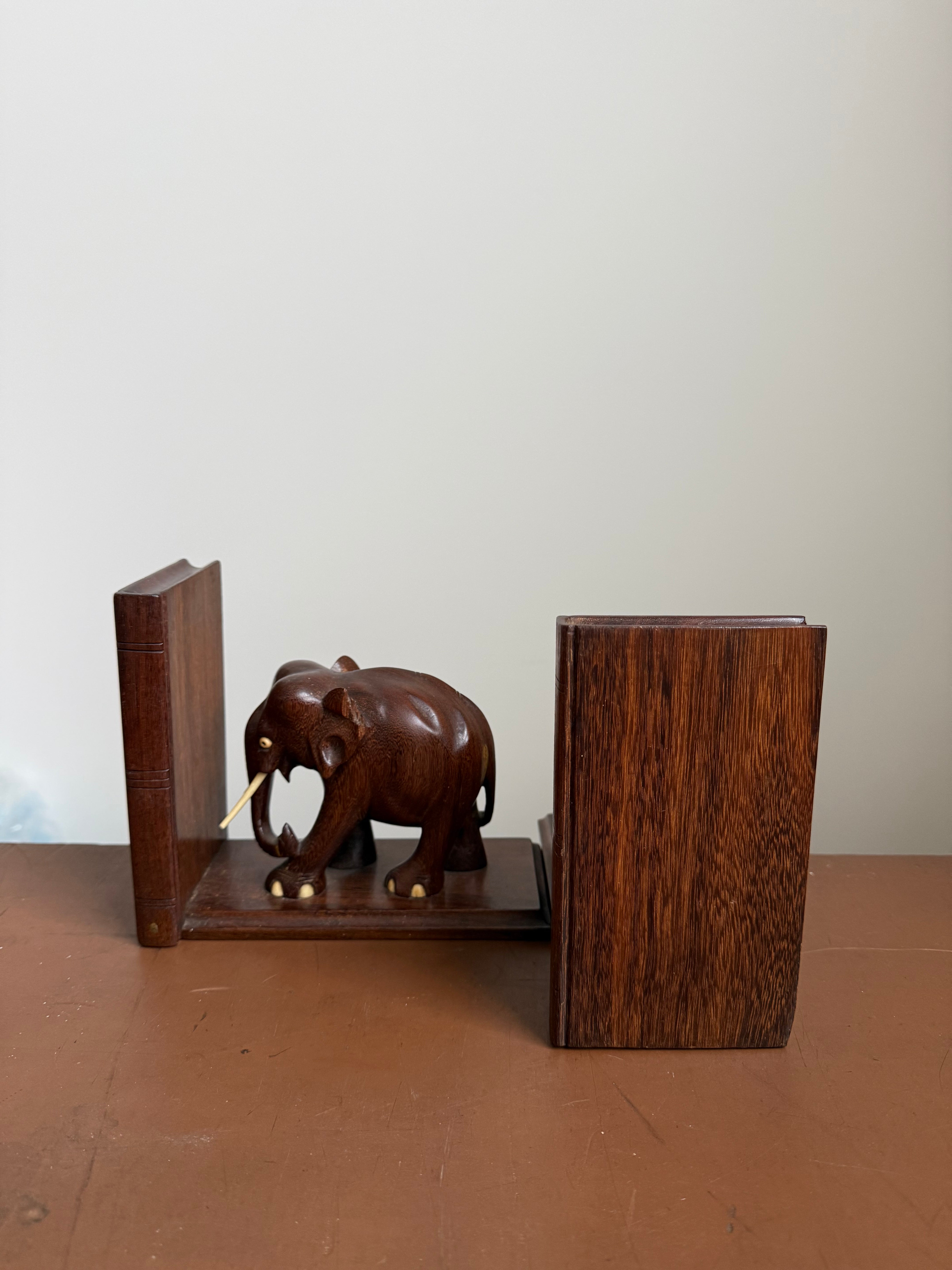Pair of Vintage Carved Mahogany Elephant Bookends