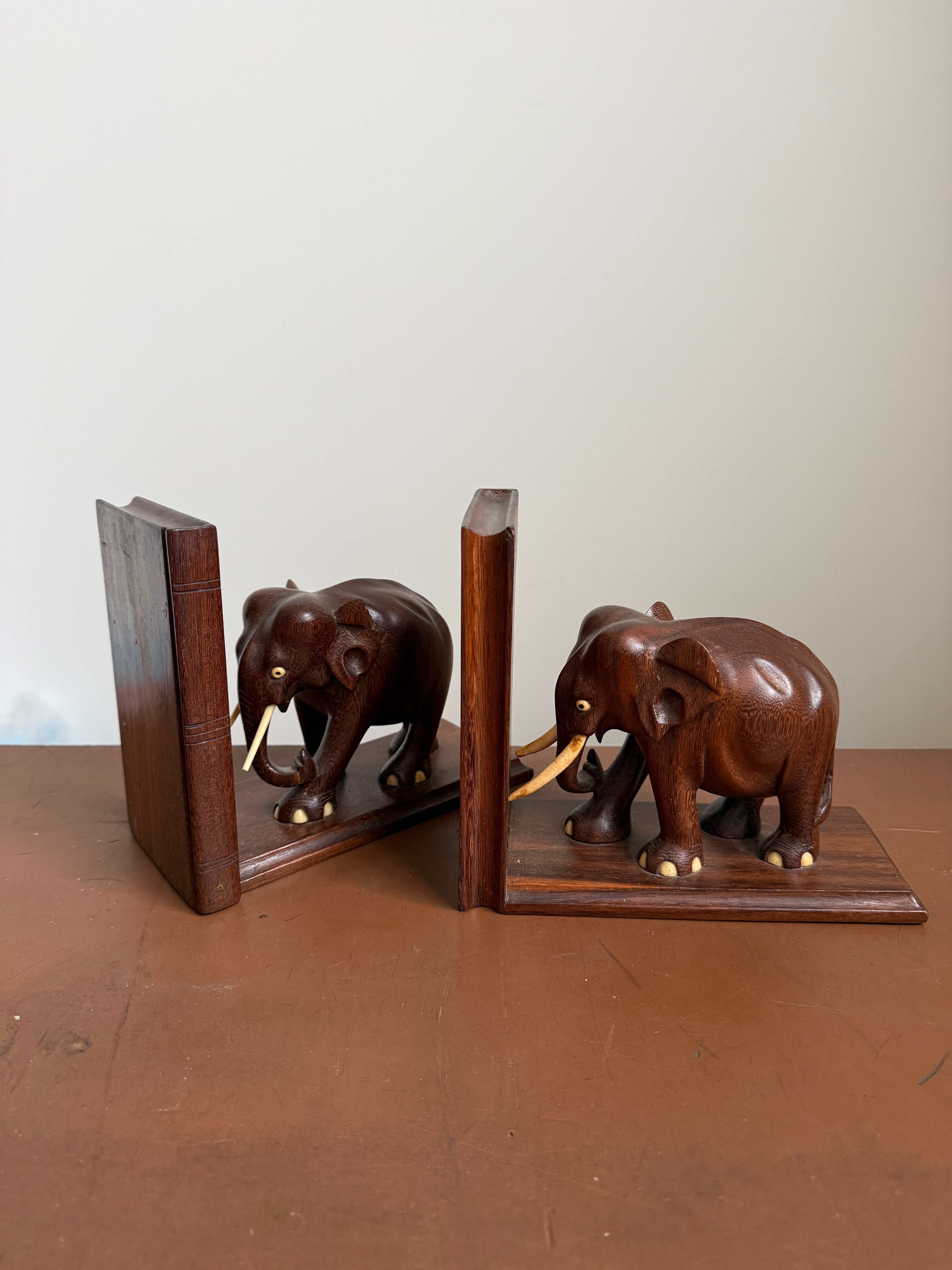 Pair of Vintage Carved Mahogany Elephant Bookends