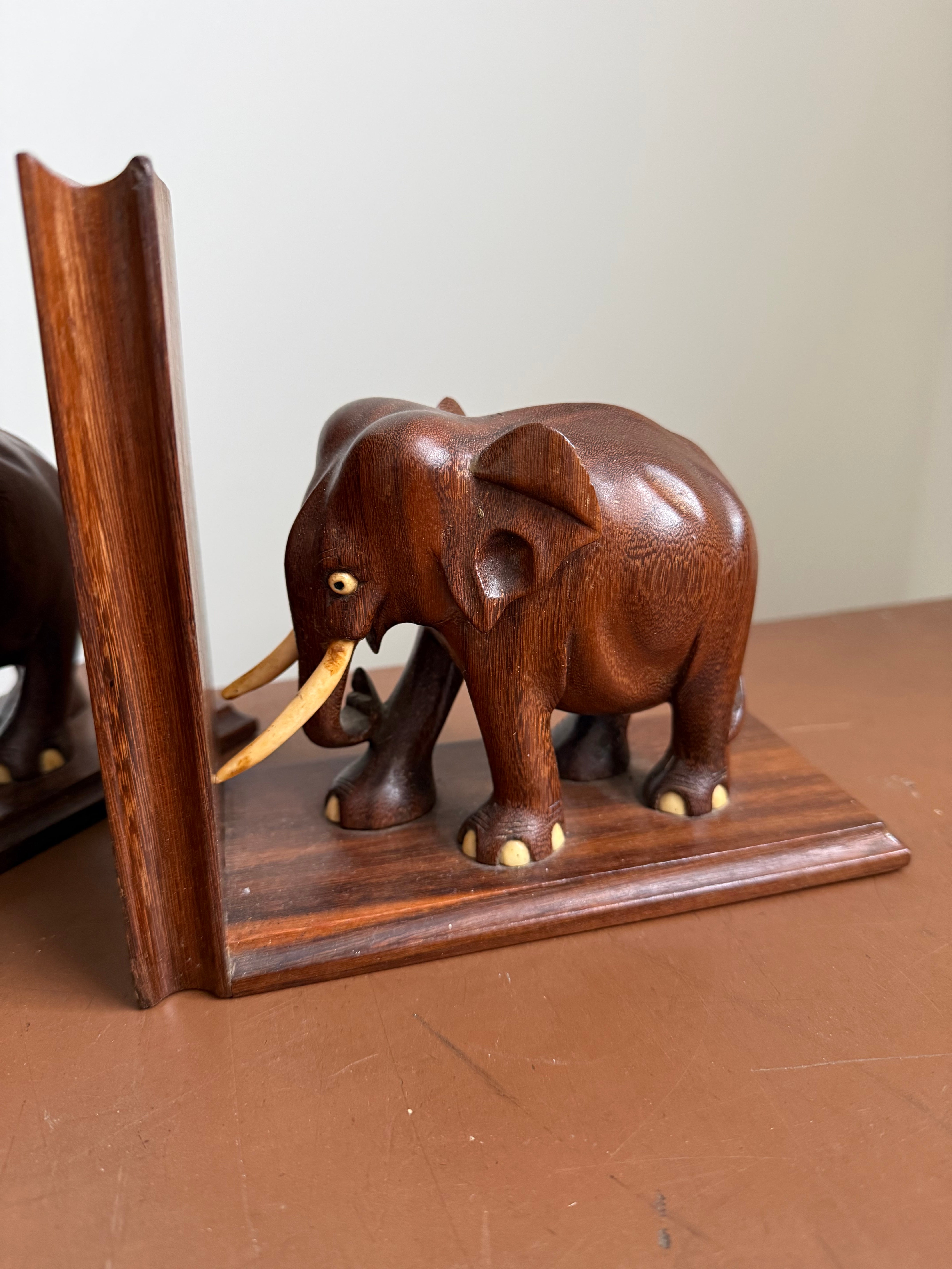 Pair of Vintage Carved Mahogany Elephant Bookends
