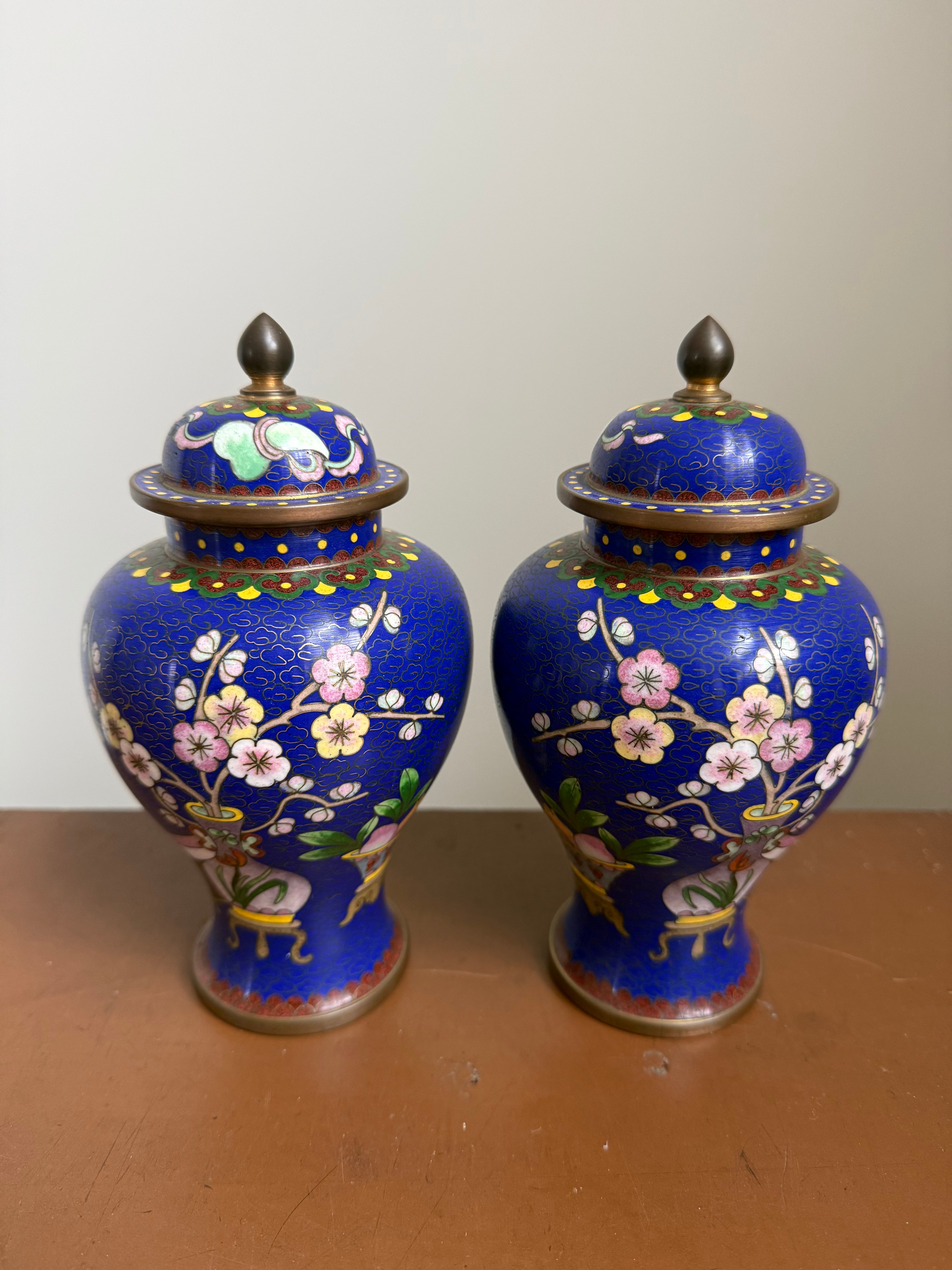 A Desirable Pair Of Vintage Cobalt Blue Cloisonne Ginger Jars