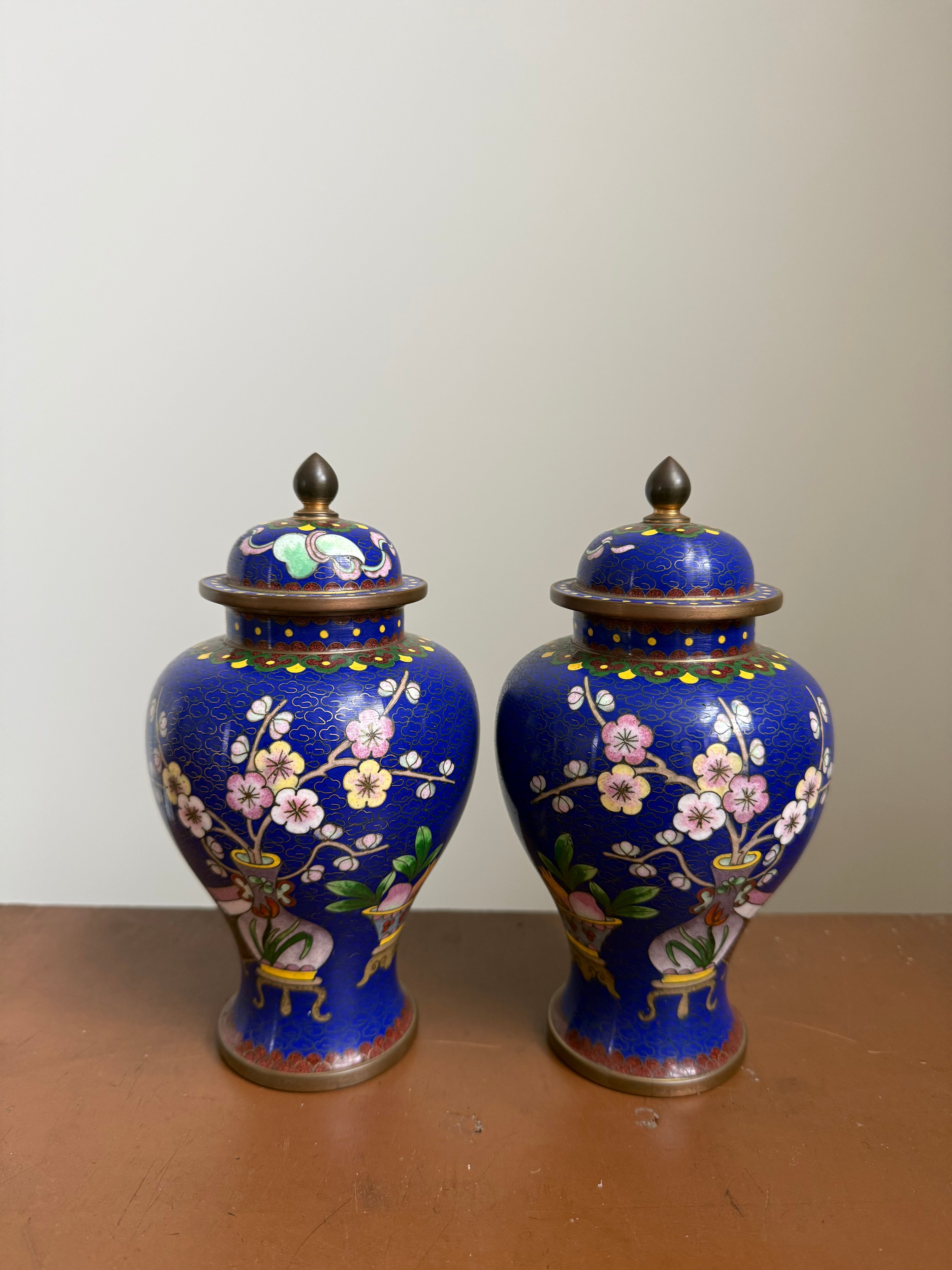 A Desirable Pair Of Vintage Cobalt Blue Cloisonne Ginger Jars