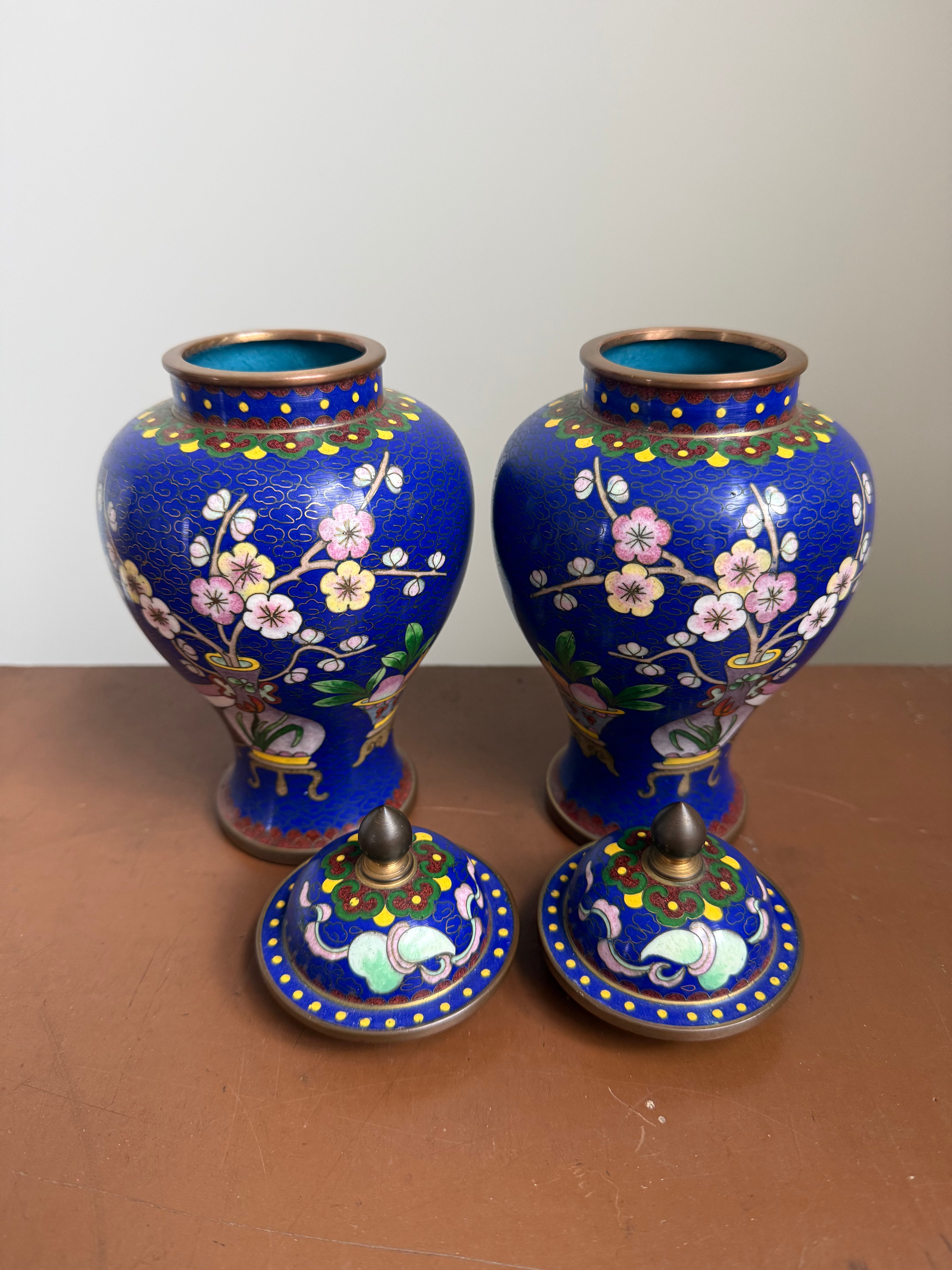 A Desirable Pair Of Vintage Cobalt Blue Cloisonne Ginger Jars