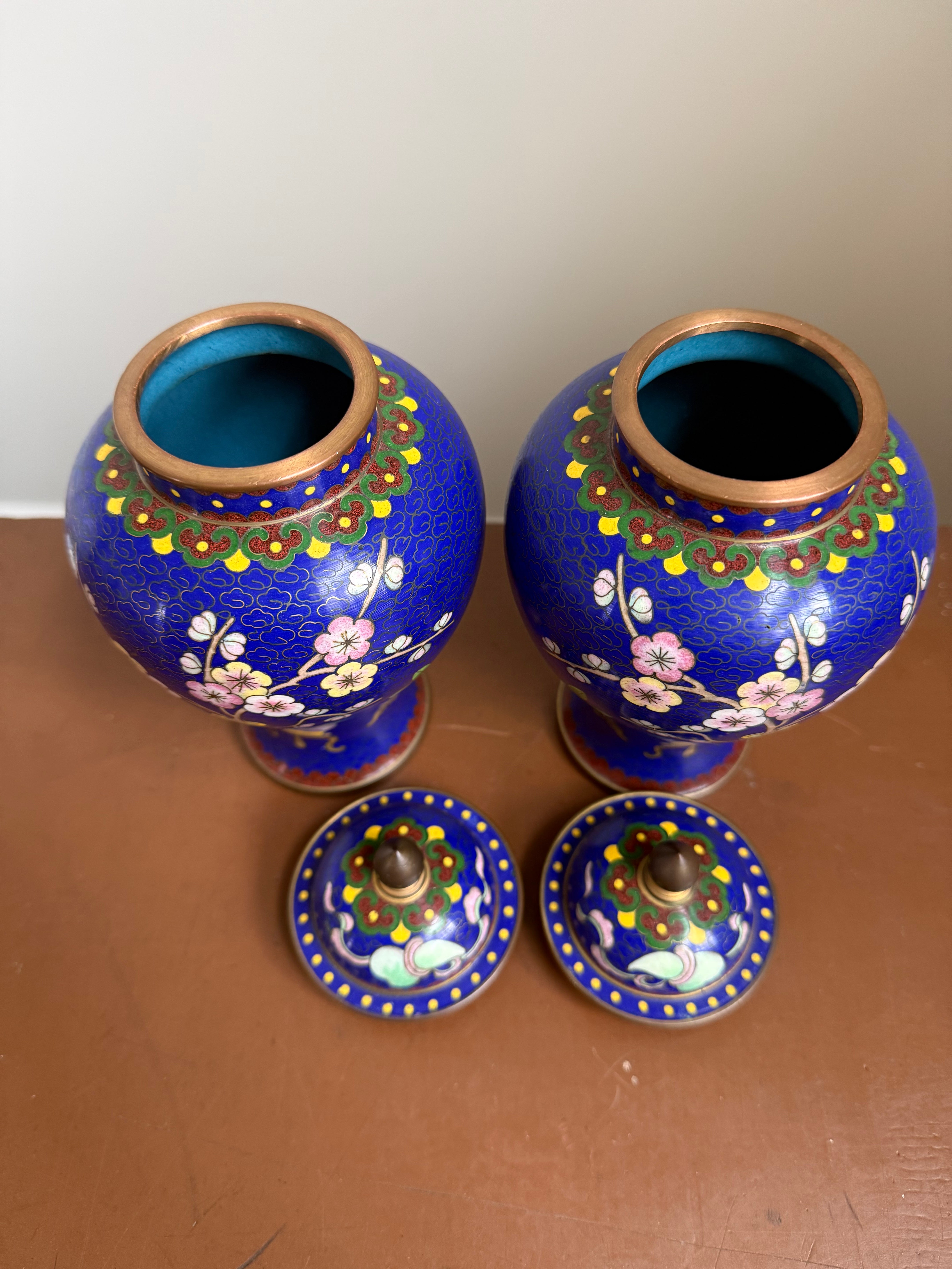 A Desirable Pair Of Vintage Cobalt Blue Cloisonne Ginger Jars
