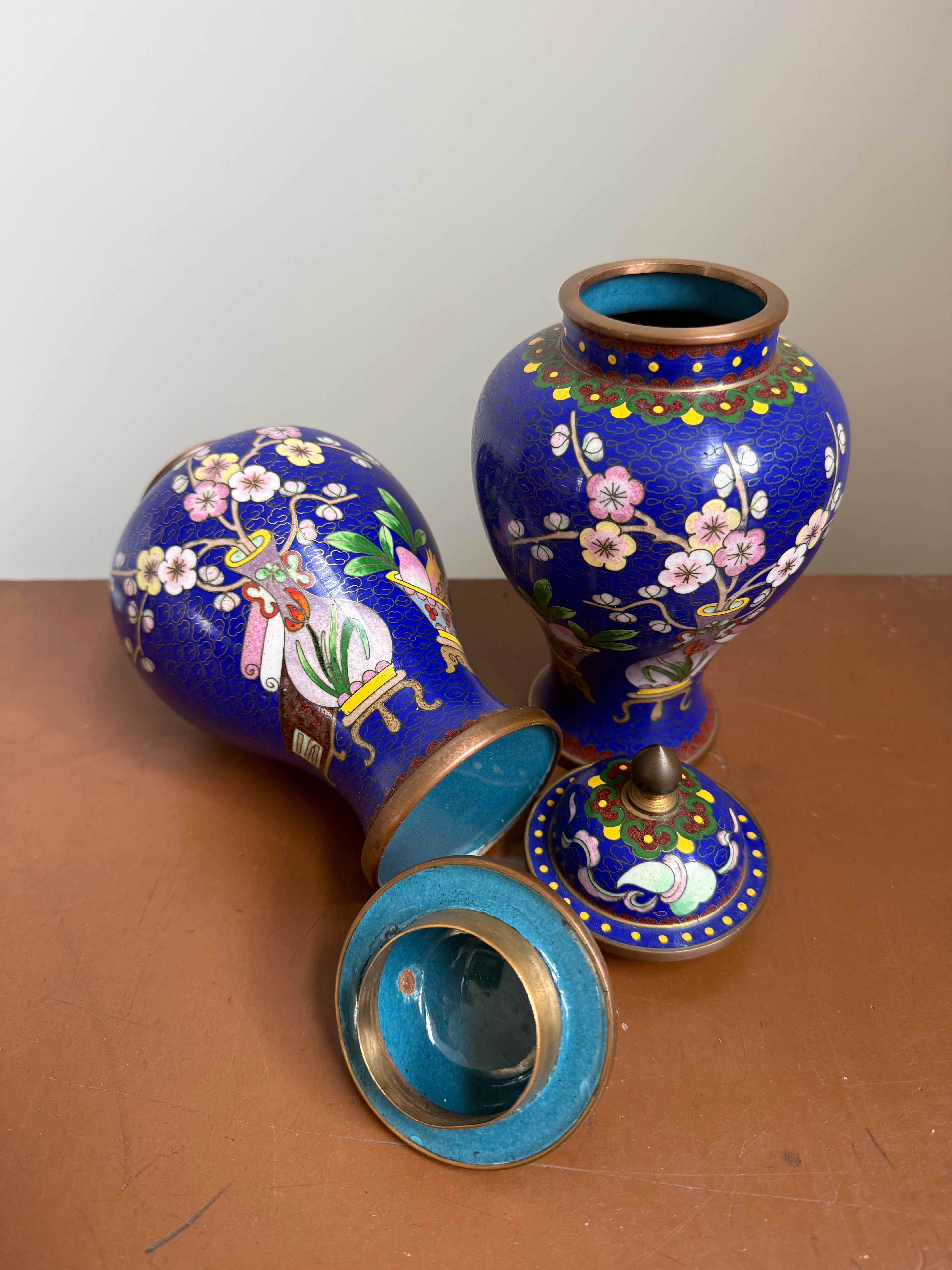 A Desirable Pair Of Vintage Cobalt Blue Cloisonne Ginger Jars