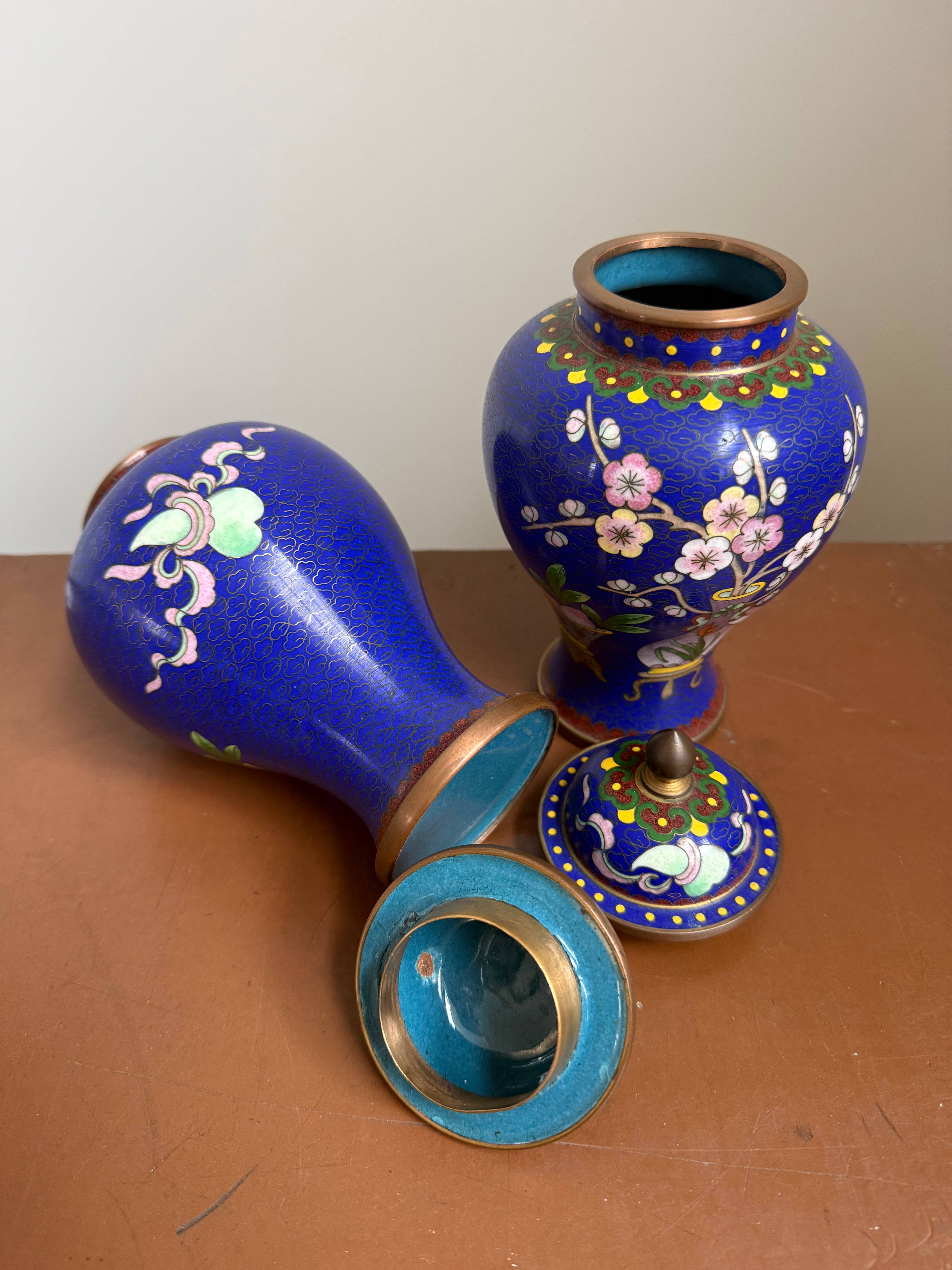 A Desirable Pair Of Vintage Cobalt Blue Cloisonne Ginger Jars