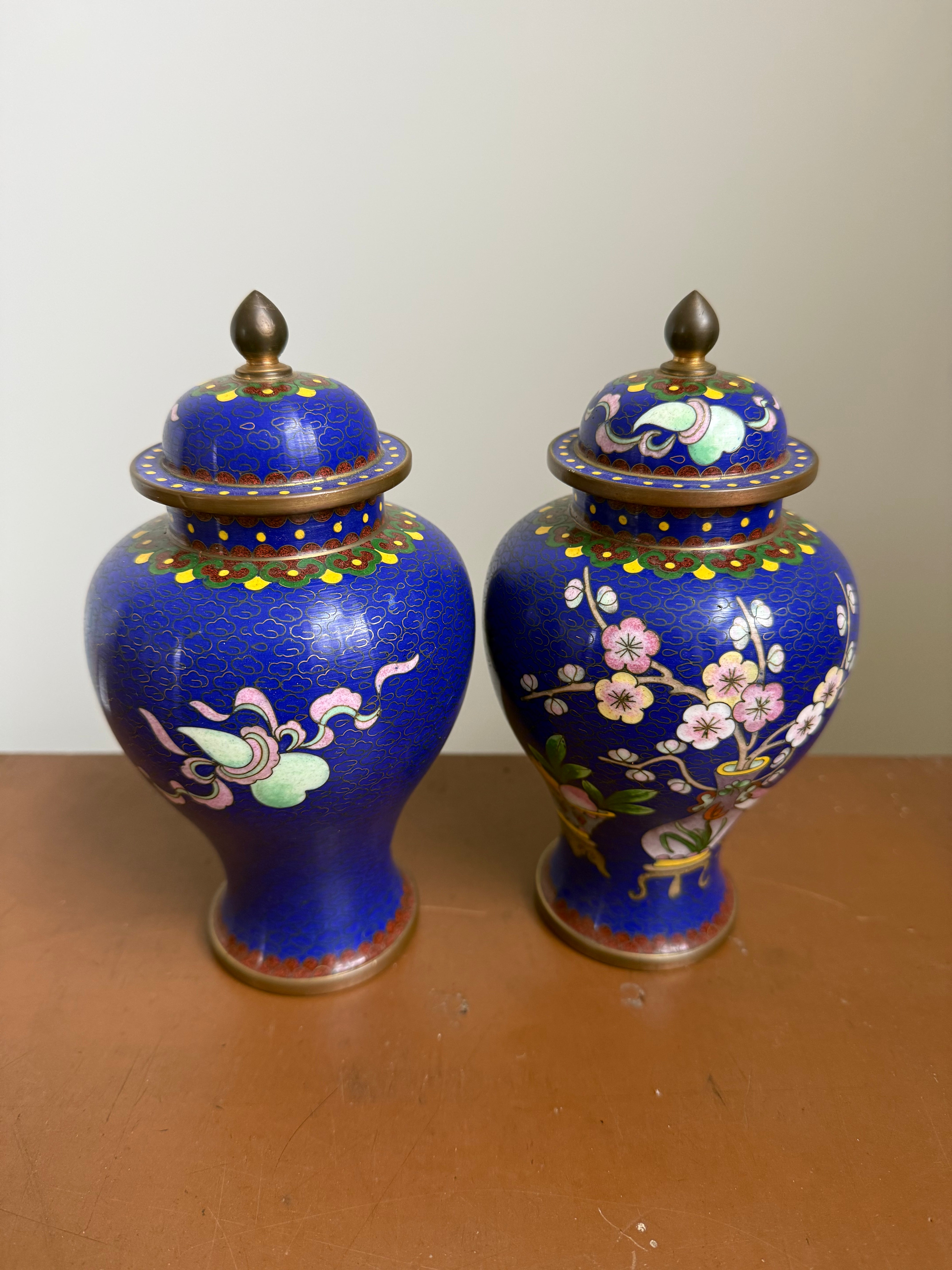 A Desirable Pair Of Vintage Cobalt Blue Cloisonne Ginger Jars