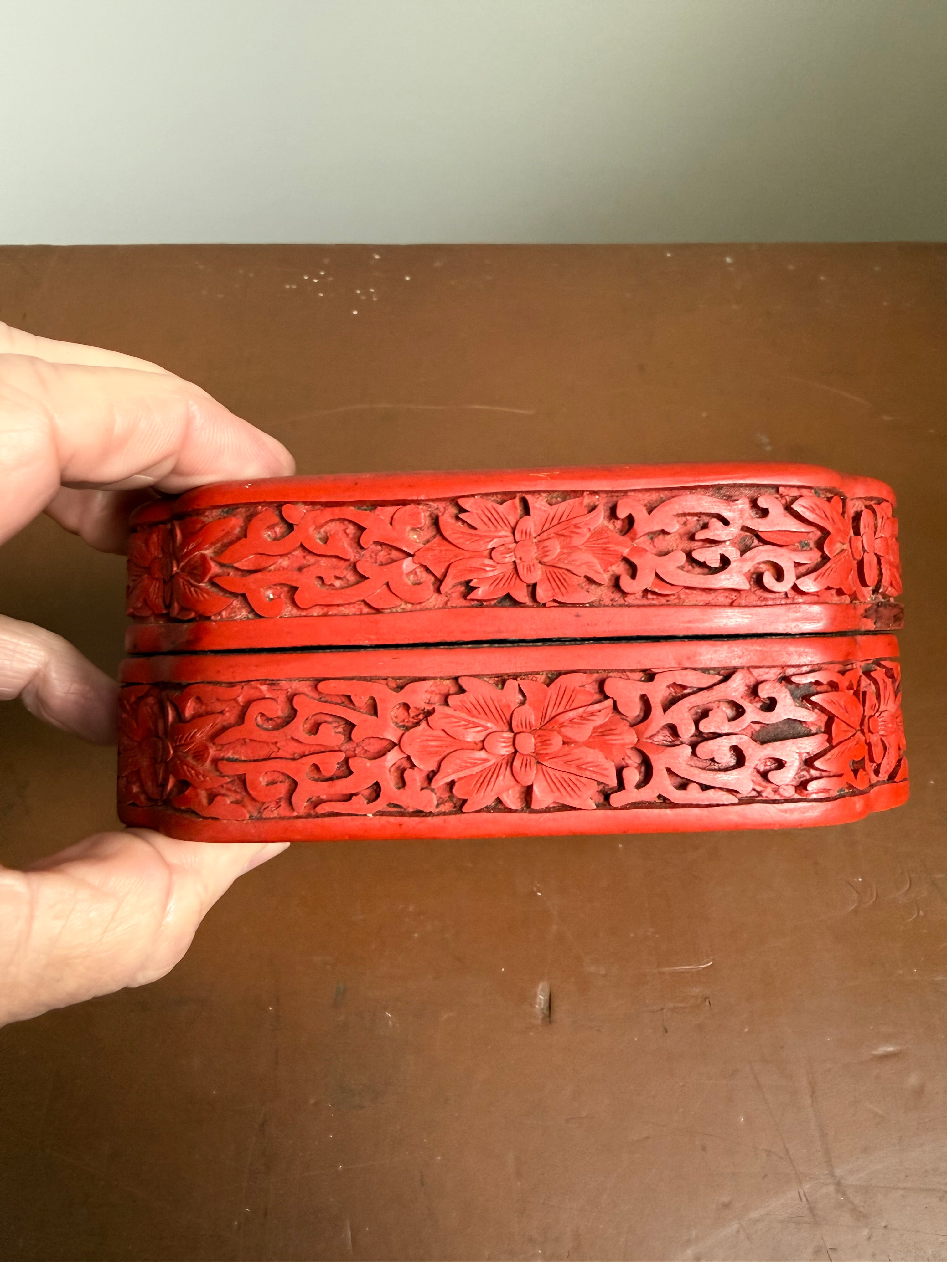 Vintage Chinese Cinnabar Lacquer Box With Jade Medallion