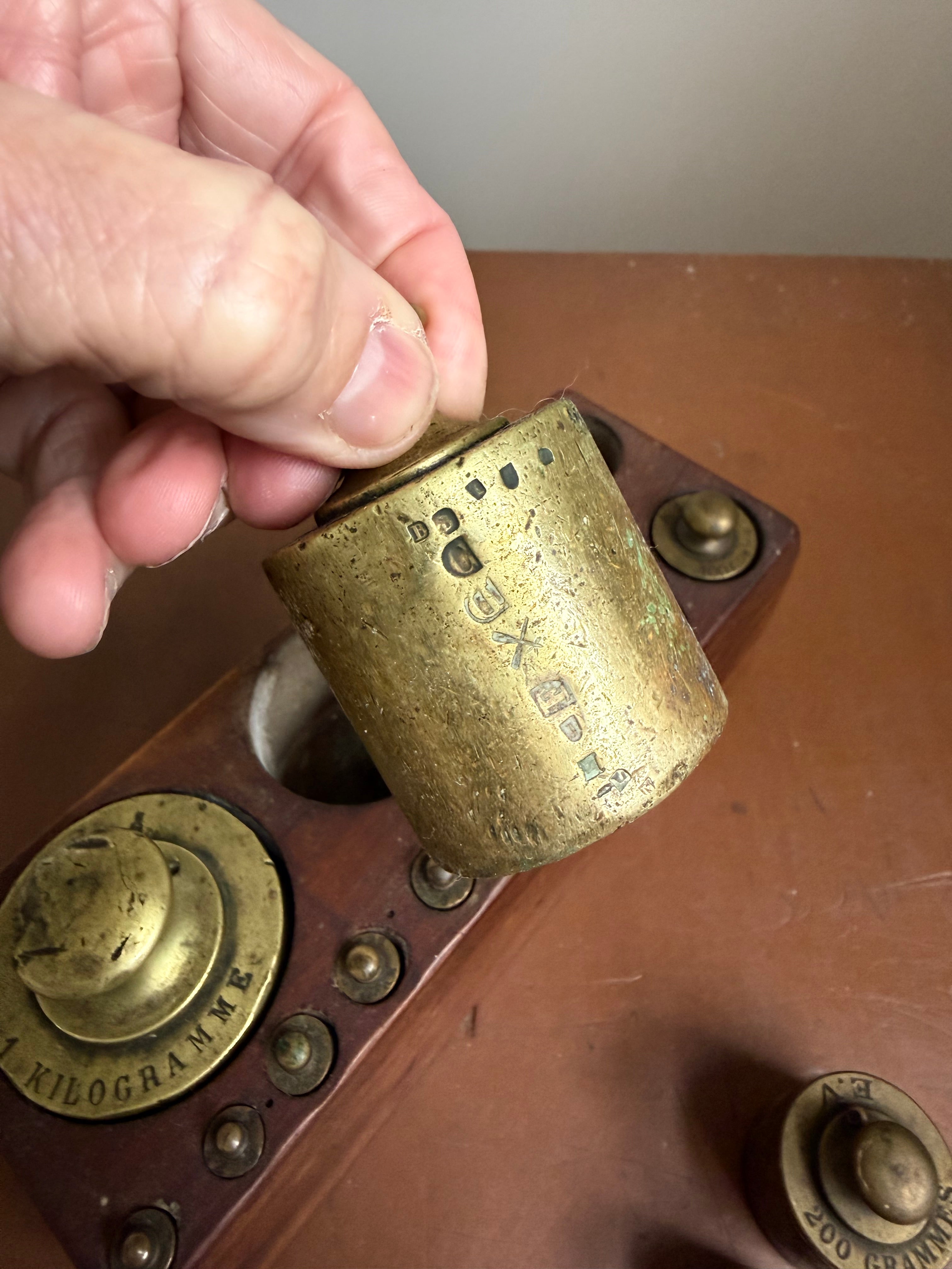 Vintage Set Of 14 Brass Weights In Mahogany Timber Case