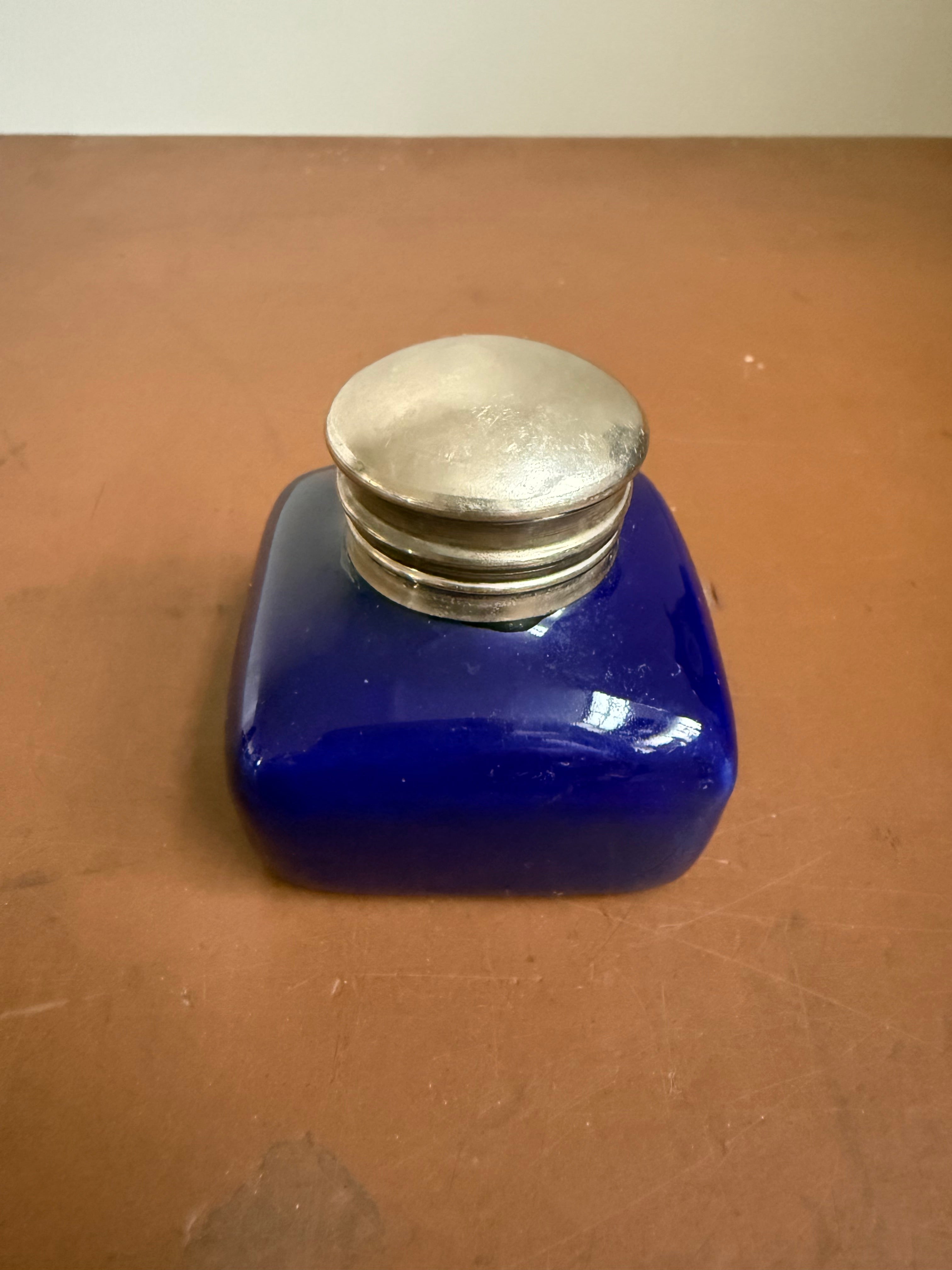 Vintage Blue Ceramic & Silver Plated Inkwell