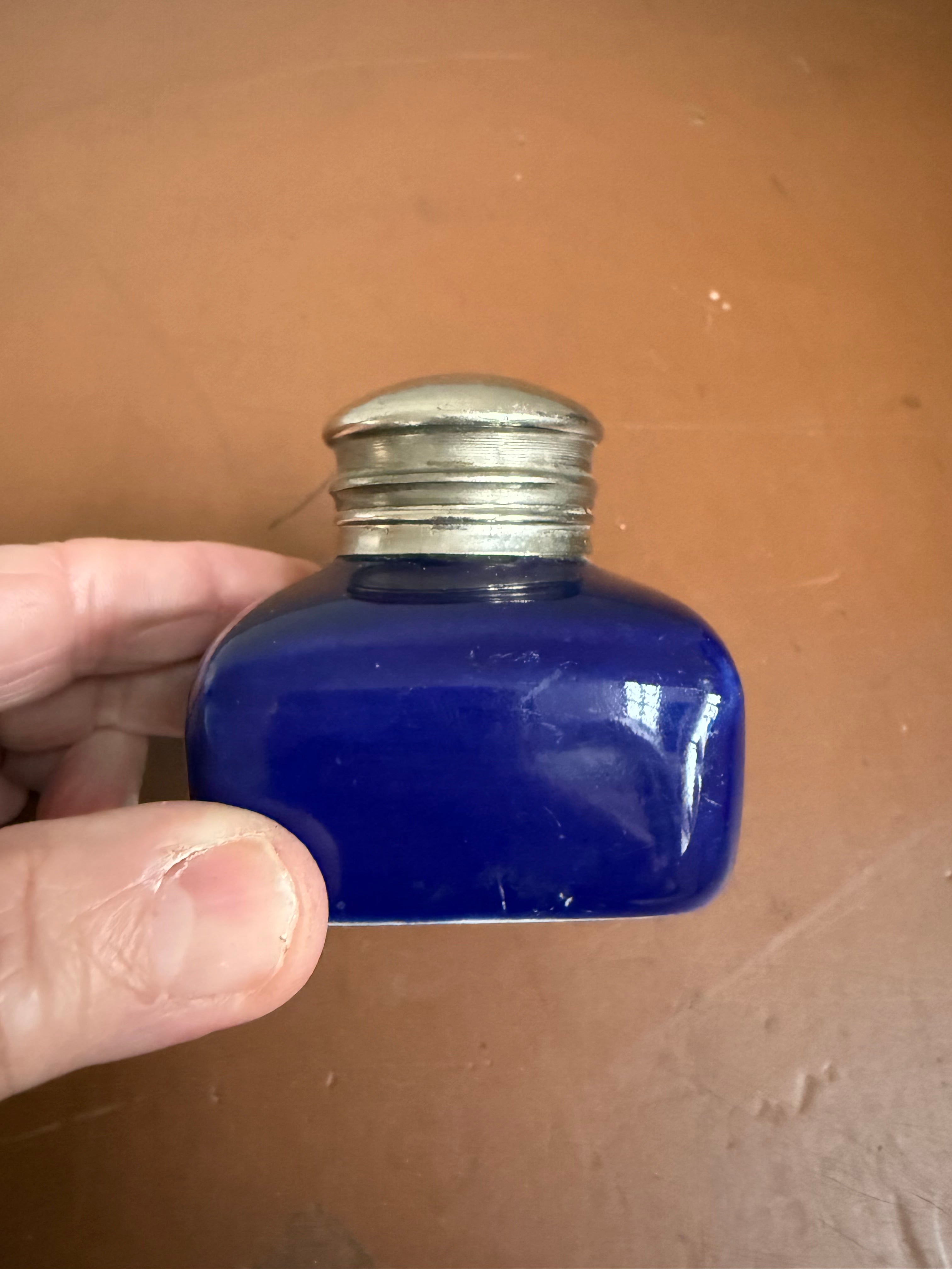 Vintage Blue Ceramic & Silver Plated Inkwell