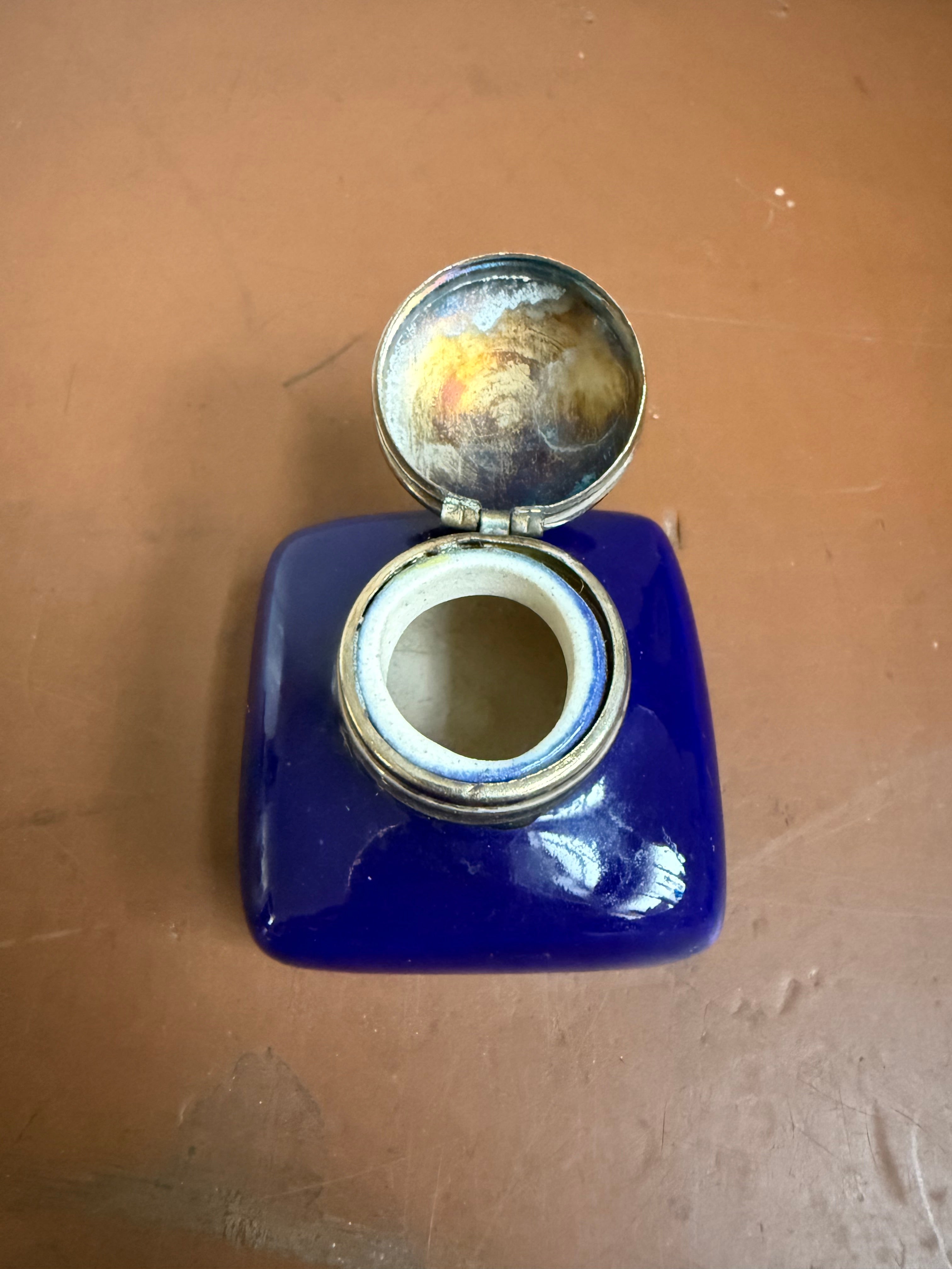 Vintage Blue Ceramic & Silver Plated Inkwell
