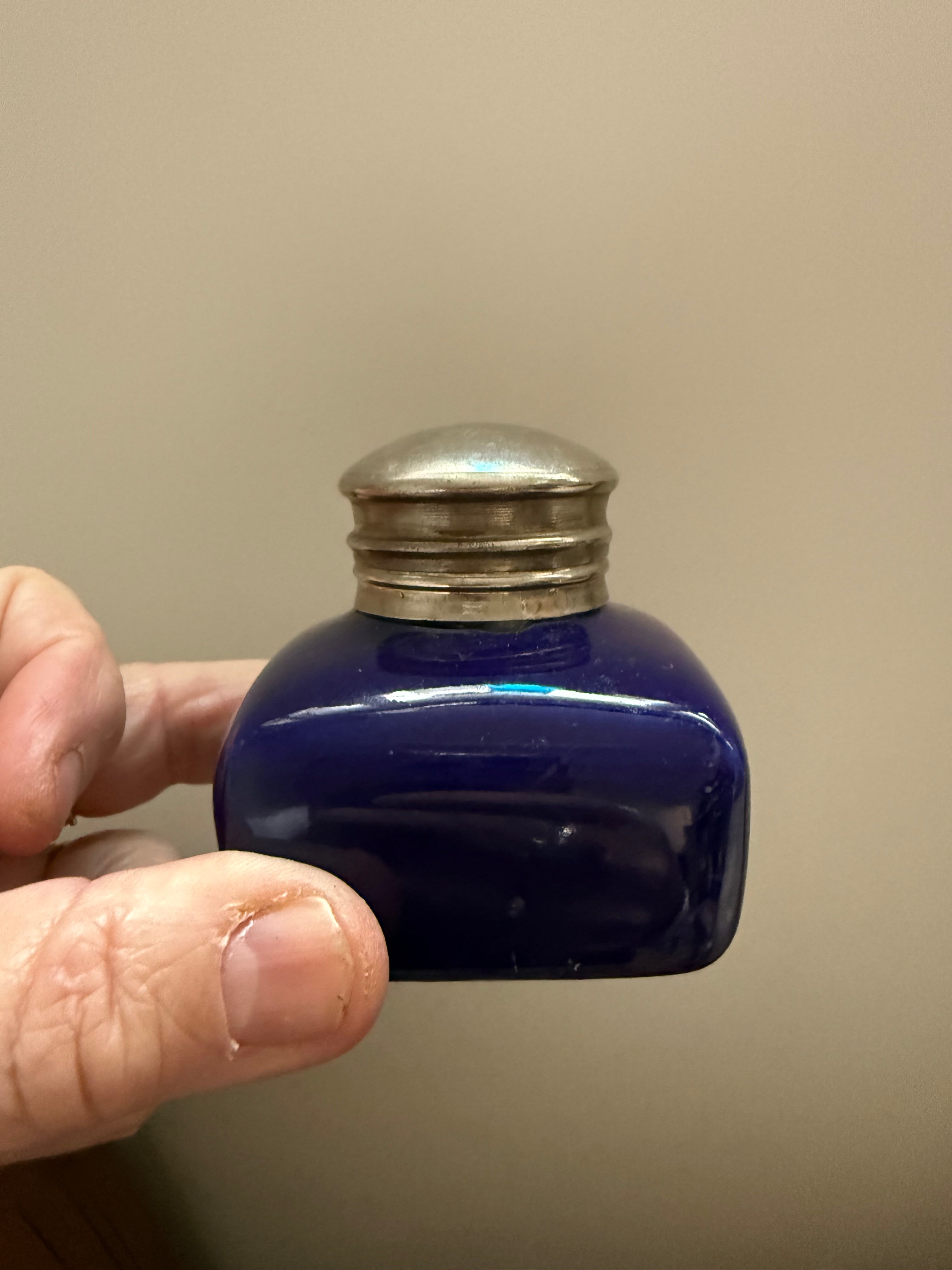 Vintage Blue Ceramic & Silver Plated Inkwell